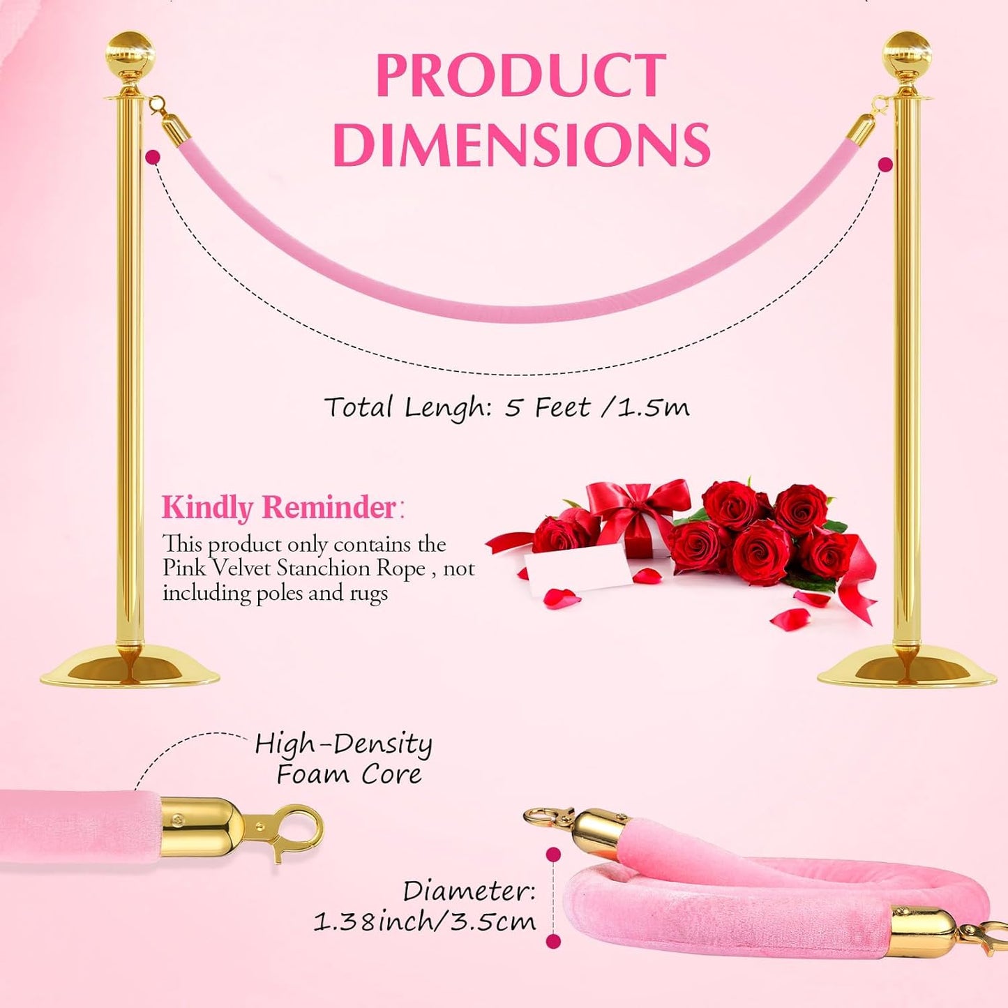 4 Pieces Pink Velvet Stanchion Rope 5 Feet Ropes with Gold Clasps for Party Hotels Wedding Movie Theaters Grand Openings Crowd Control Barrier Supplies -