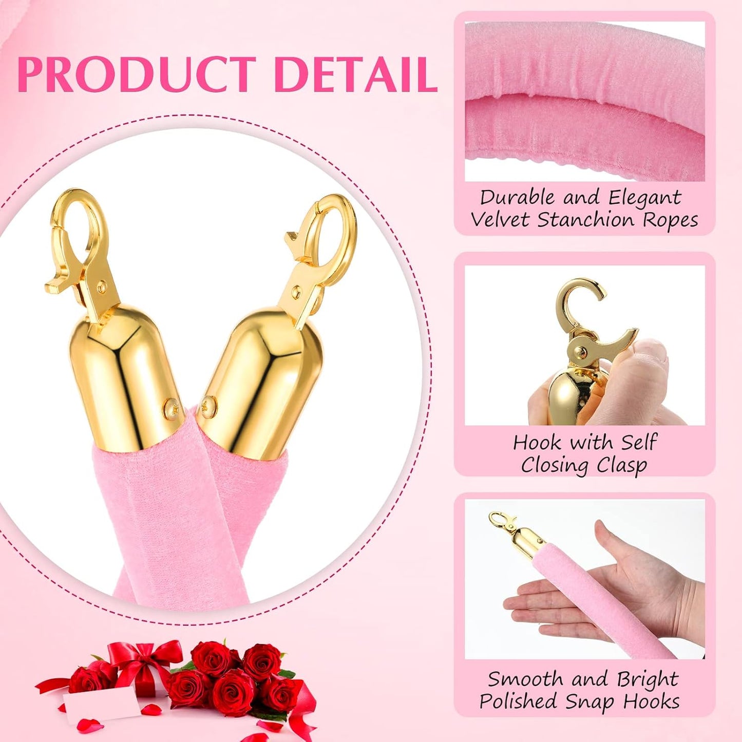 4 Pieces Pink Velvet Stanchion Rope 5 Feet Ropes with Gold Clasps for Party Hotels Wedding Movie Theaters Grand Openings Crowd Control Barrier Supplies -