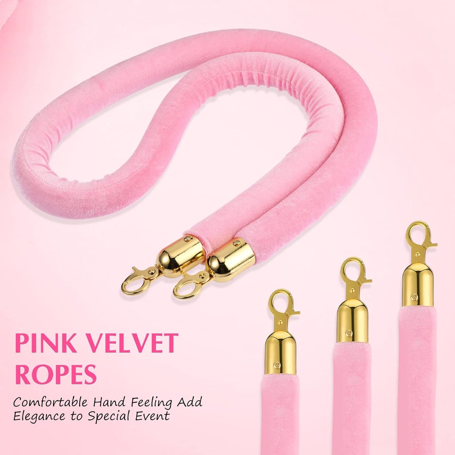 4 Pieces Pink Velvet Stanchion Rope 5 Feet Ropes with Gold Clasps for Party Hotels Wedding Movie Theaters Grand Openings Crowd Control Barrier Supplies -