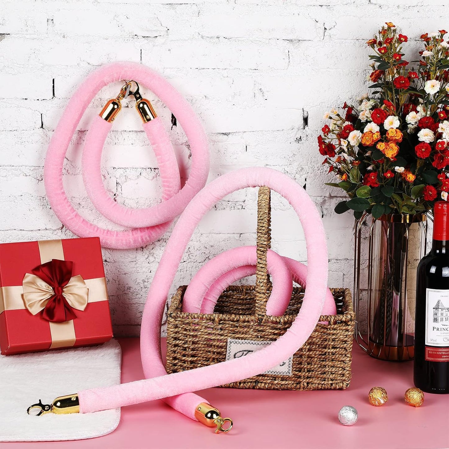 4 Pieces Pink Velvet Stanchion Rope 5 Feet Ropes with Gold Clasps for Party Hotels Wedding Movie Theaters Grand Openings Crowd Control Barrier Supplies -