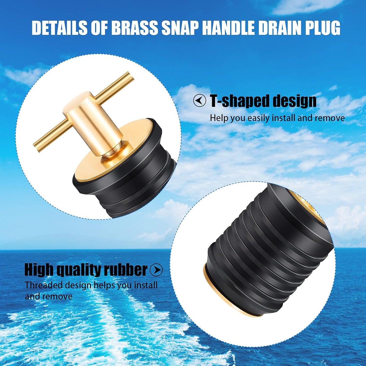 2 Pcs T-Handle Boat Drain Plug Brass Snap for Marine 1 Inch -