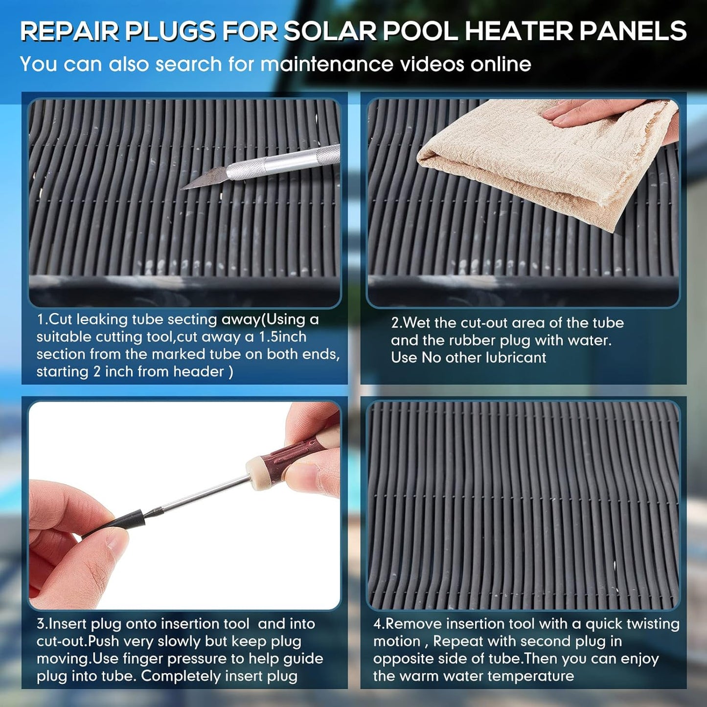60 Pcs Pool Solar Panels Repair Plugs Heater Kit for Swimming Panels, Black (0.250) - 0.250" Diameter