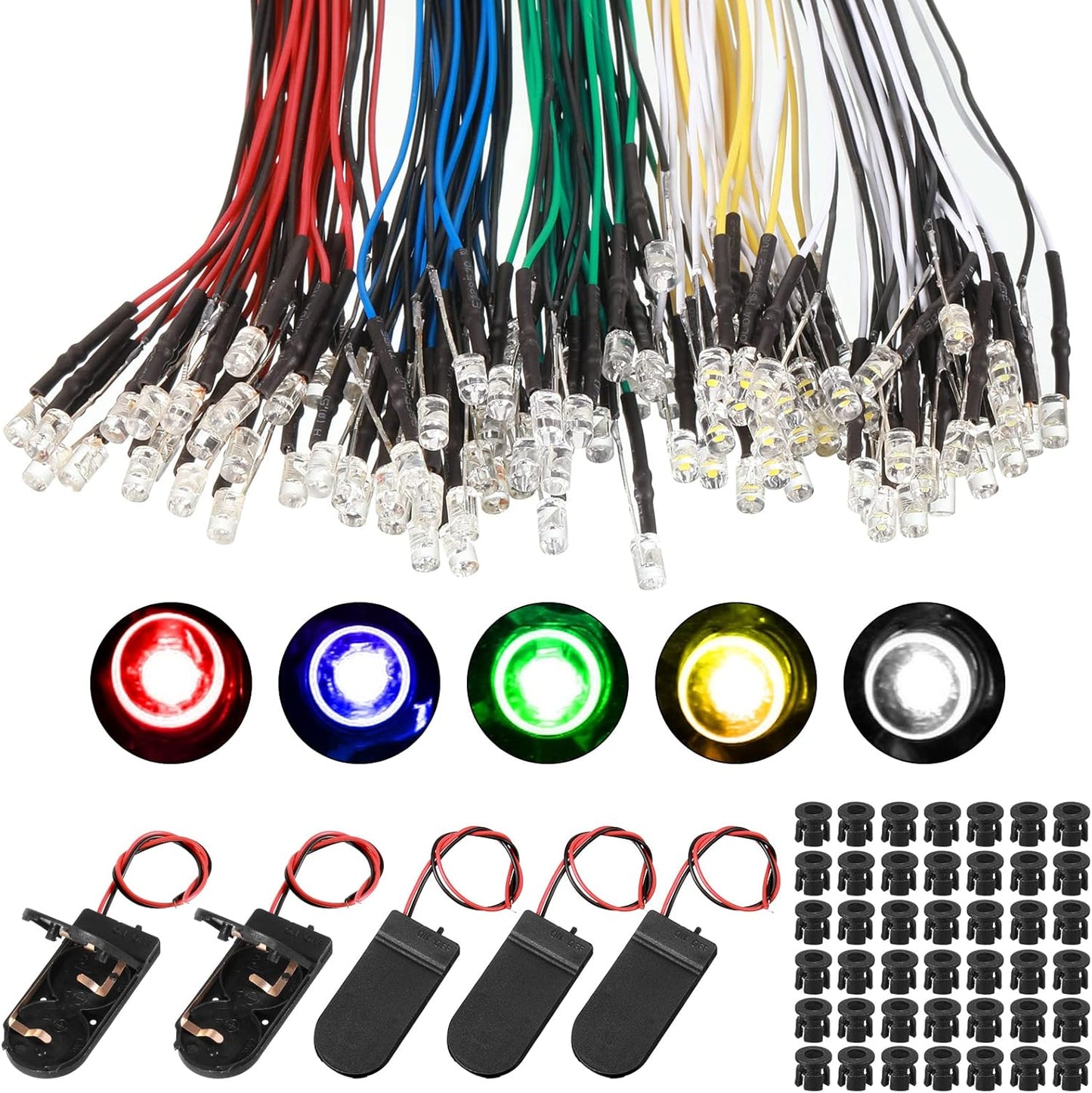 220 Pcs 12v LED Lights Kit 100 Emitting Diodes Pre Wired with Plastic Holders 20 Battery Holders(Multicolored,3 mm) Multicolored 3 mm