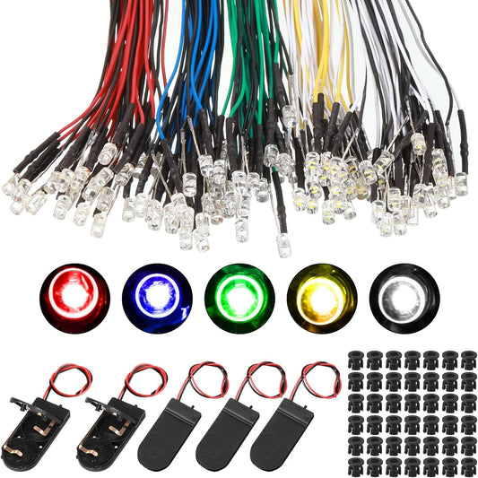 220 Pcs 12v LED Lights Kit 100 Emitting Diodes Pre Wired with Plastic Holders 20 Battery Holders(Multicolored,3 mm) Multicolored 3 mm