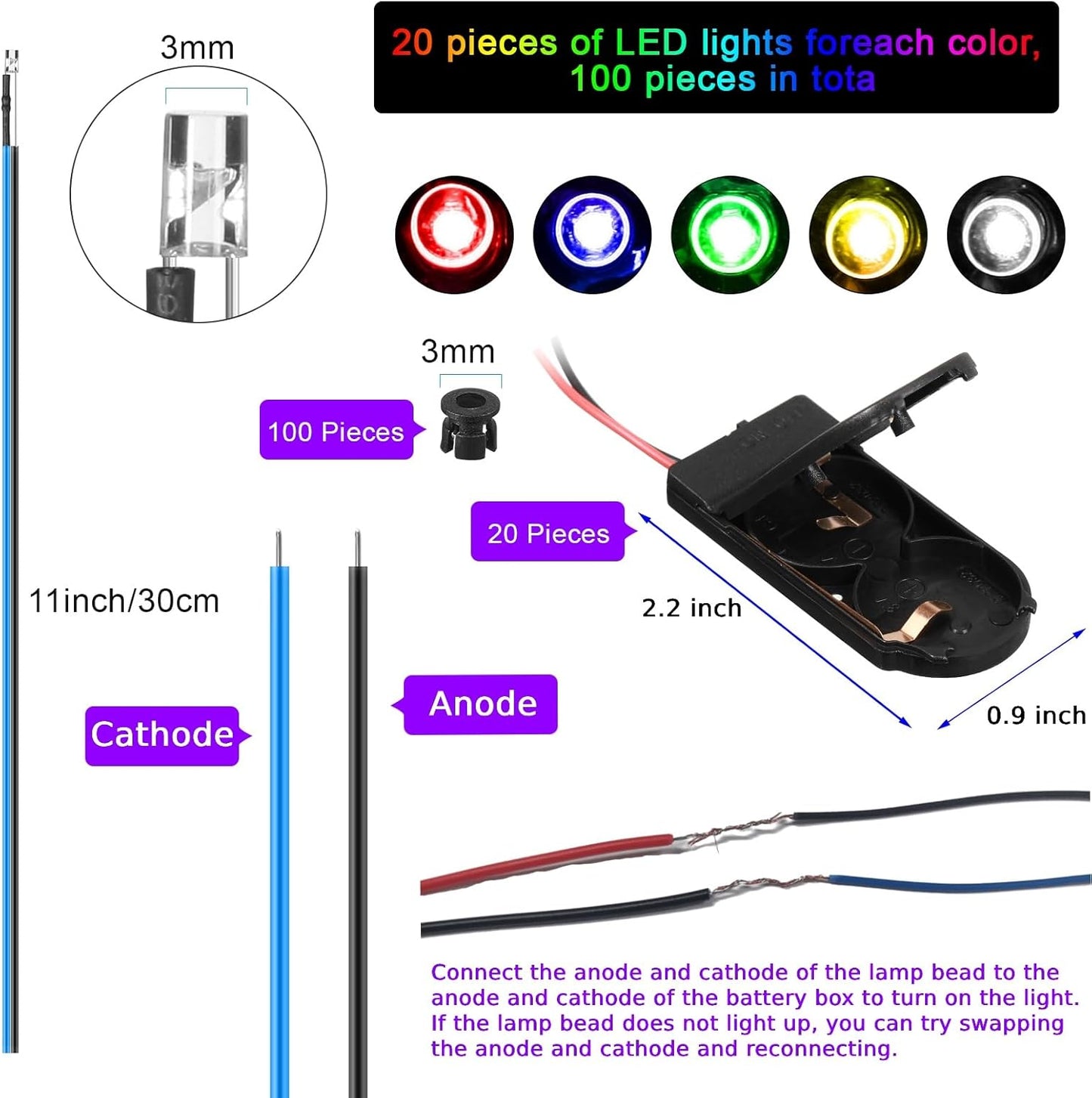 220 Pcs 12v LED Lights Kit 100 Emitting Diodes Pre Wired with Plastic Holders 20 Battery Holders(Multicolored,3 mm) Multicolored 3 mm
