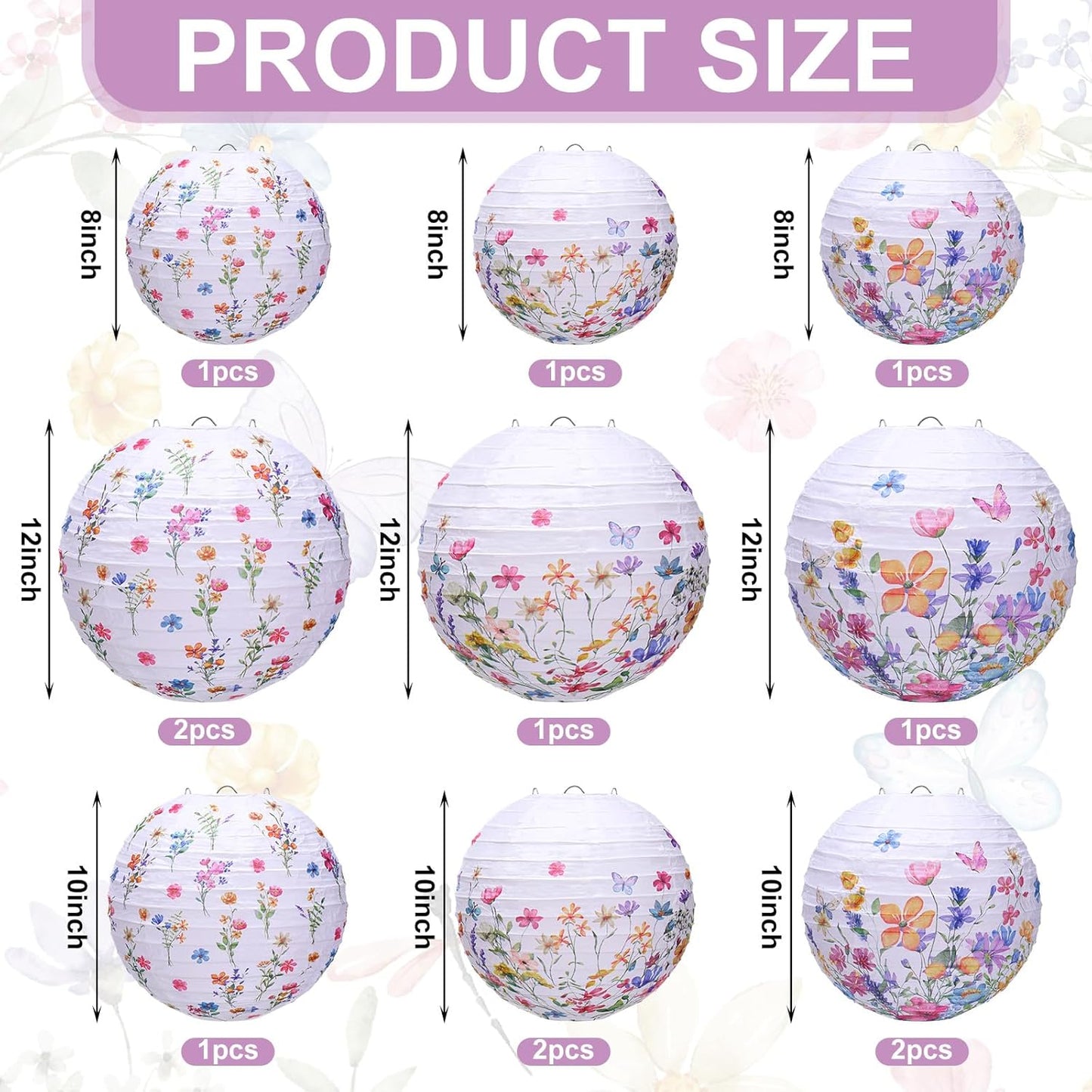 12 Pcs Wildflower Paper Lantern Set Floral Party Decorations Flower Round Lanterns Kit for Spring Baby Shower Bridal Wedding Birthday Tea Supplies -