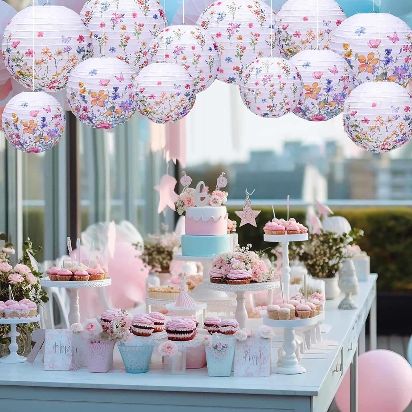 12 Pcs Wildflower Paper Lantern Set Floral Party Decorations Flower Round Lanterns Kit for Spring Baby Shower Bridal Wedding Birthday Tea Supplies -