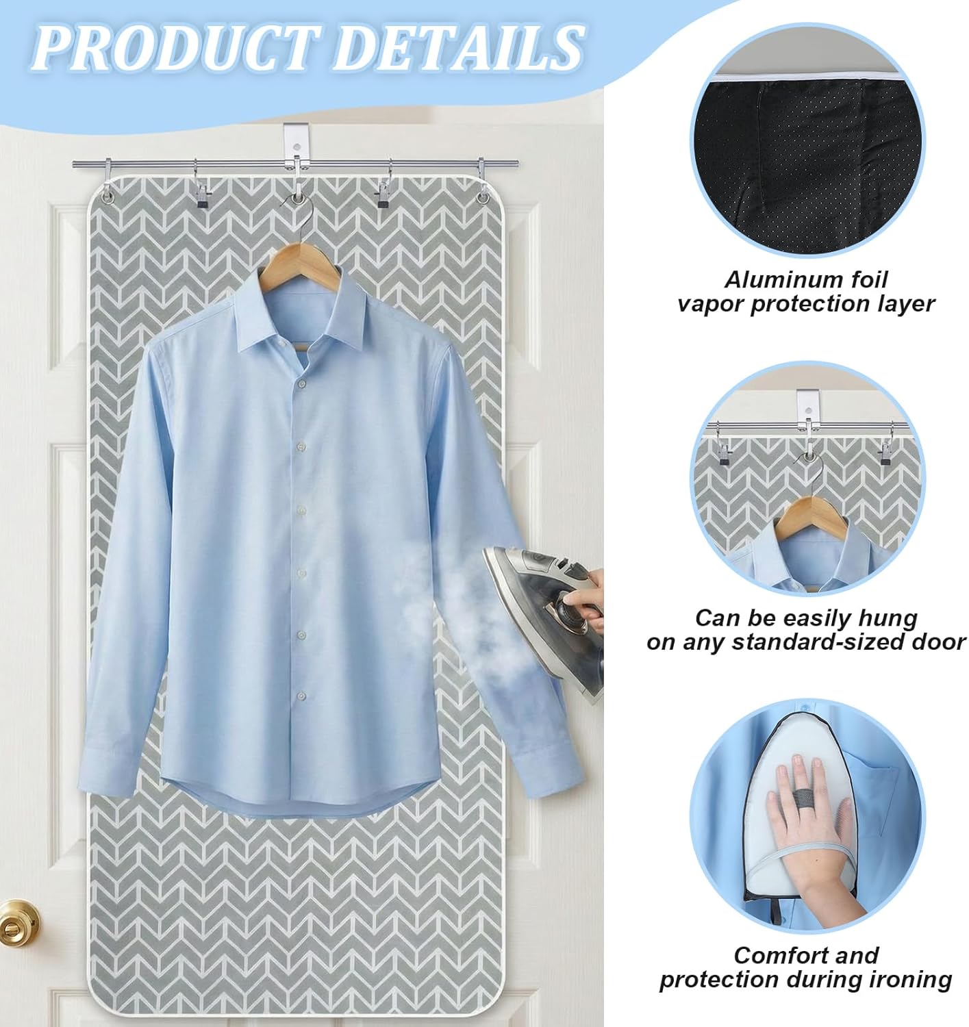 Over-the-door Steaming Station 38" x 19" Clothes Steamer with Ironing Glove 100% Cotton Cover an Aluminum Vapor Protection Layer for Home and Travel Use -