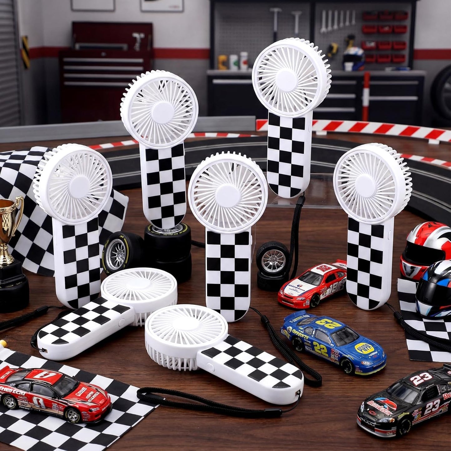 12 Pcs Race Car Party Favors Portable Fan Bulk Mini Handheld Personal Fans Checkered Black and White for Team Gift Travel Summer Outdoor Decorations -