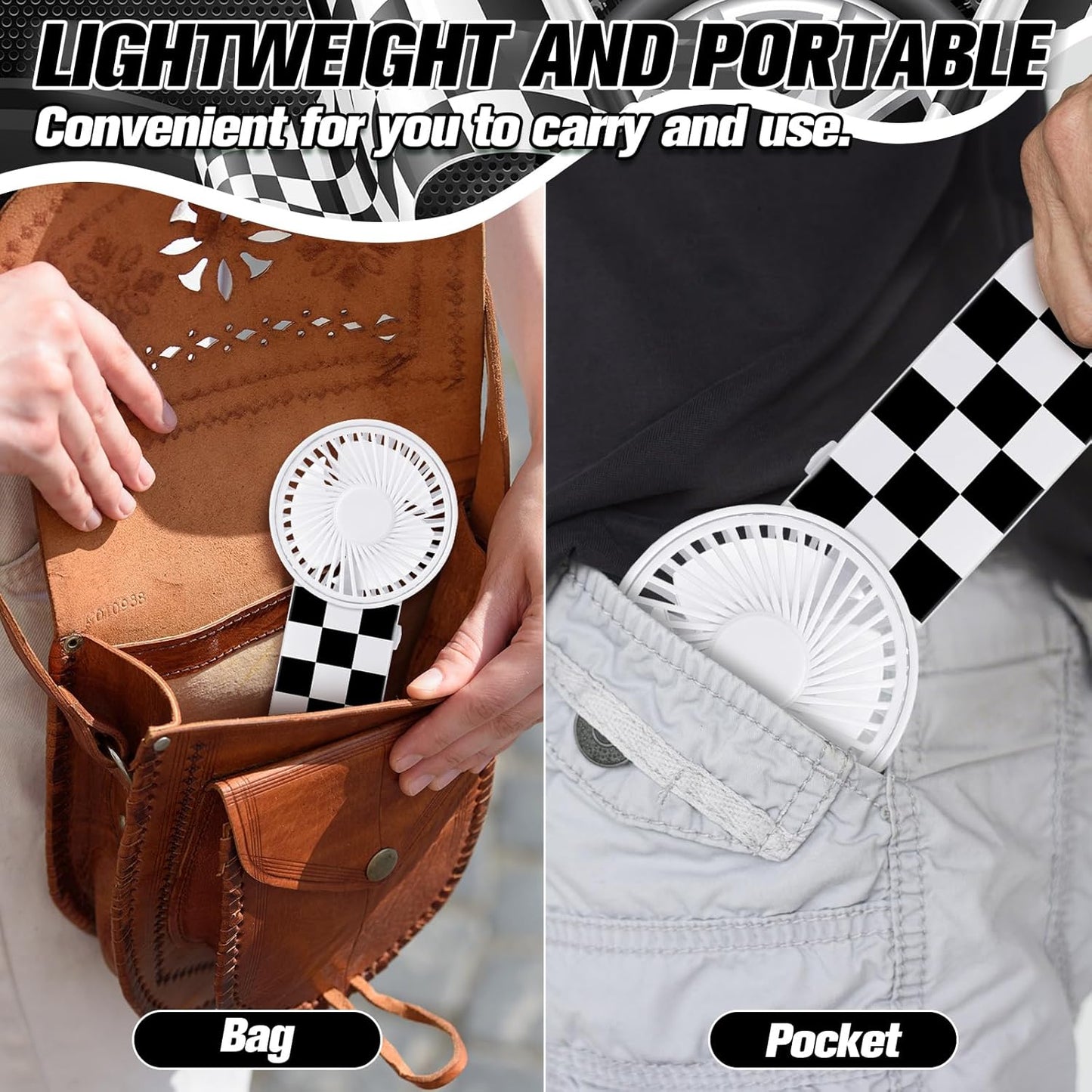 12 Pcs Race Car Party Favors Portable Fan Bulk Mini Handheld Personal Fans Checkered Black and White for Team Gift Travel Summer Outdoor Decorations -
