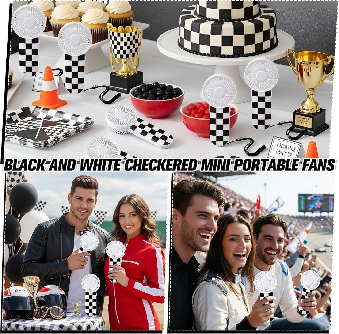 12 Pcs Race Car Party Favors Portable Fan Bulk Mini Handheld Personal Fans Checkered Black and White for Team Gift Travel Summer Outdoor Decorations -