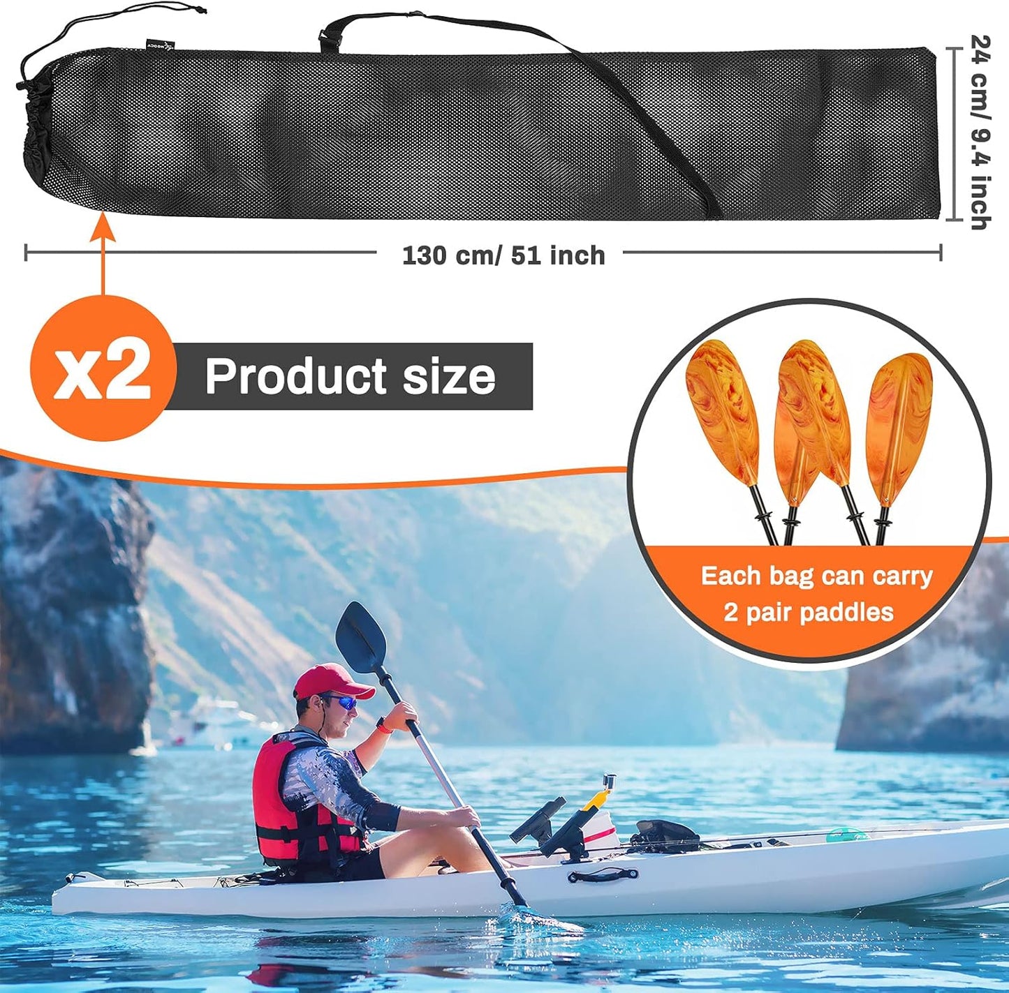 2 Pieces Drawstring Mesh Kayak Paddle Bag With Adjustable Shoulder Strap - Portable Storage for Long Boat Canoe Paddles, Transport