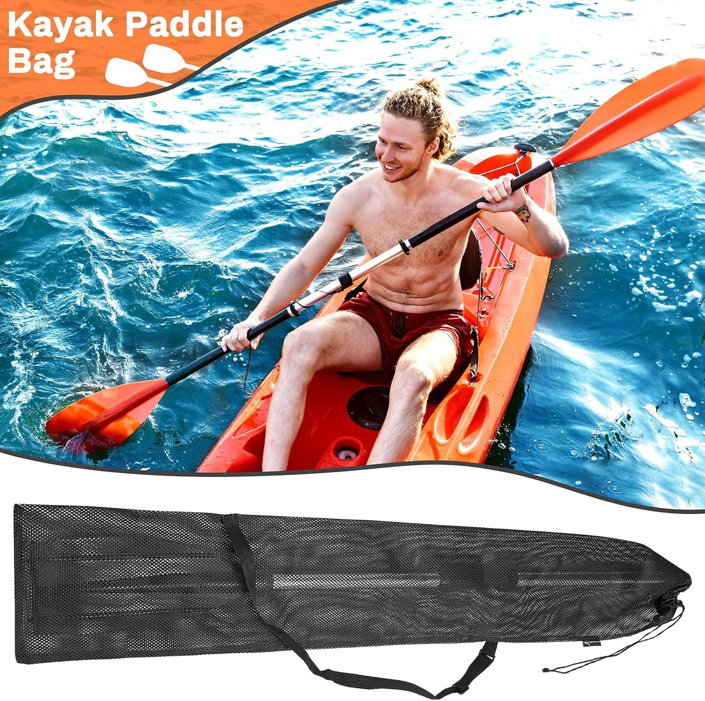 2 Pieces Drawstring Mesh Kayak Paddle Bag With Adjustable Shoulder Strap - Portable Storage for Long Boat Canoe Paddles, Transport
