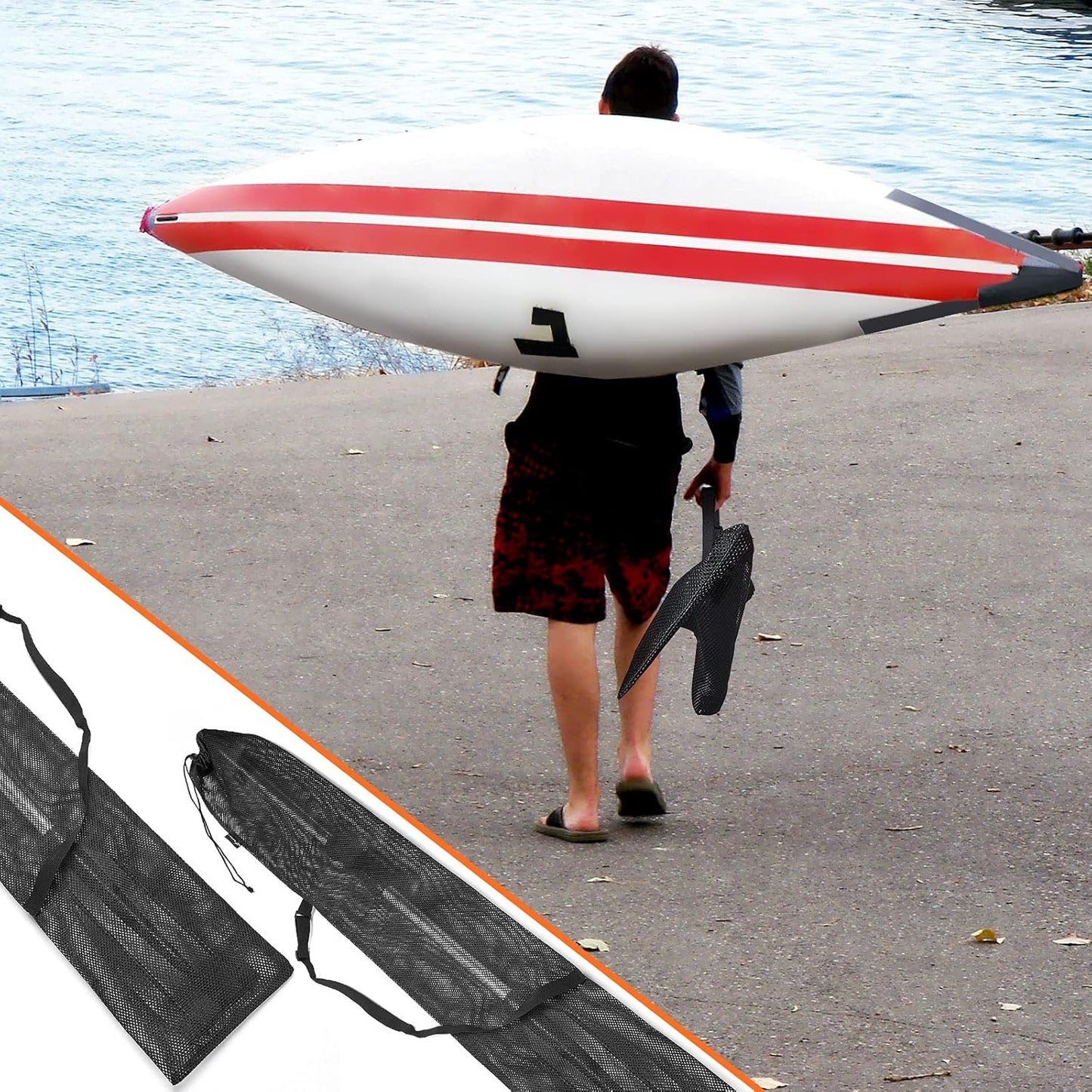 2 Pieces Drawstring Mesh Kayak Paddle Bag With Adjustable Shoulder Strap - Portable Storage for Long Boat Canoe Paddles, Transport