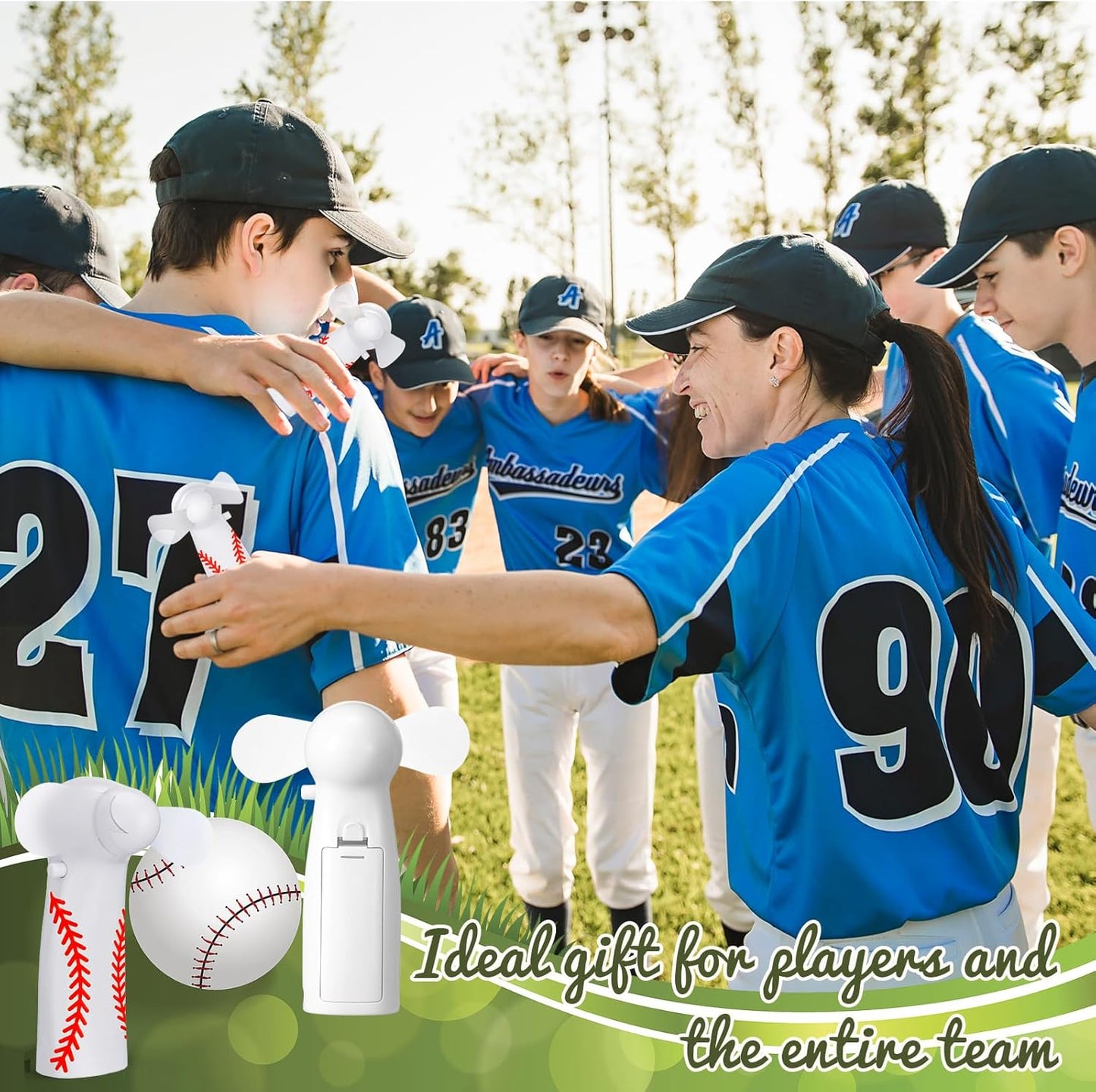 12 Pcs Baseball Team Gifts Mini Electric Portable Fan Bulk with Lanyards Powerful Personal Handheld for Summer Sport Gift Party, Battery Not Include -