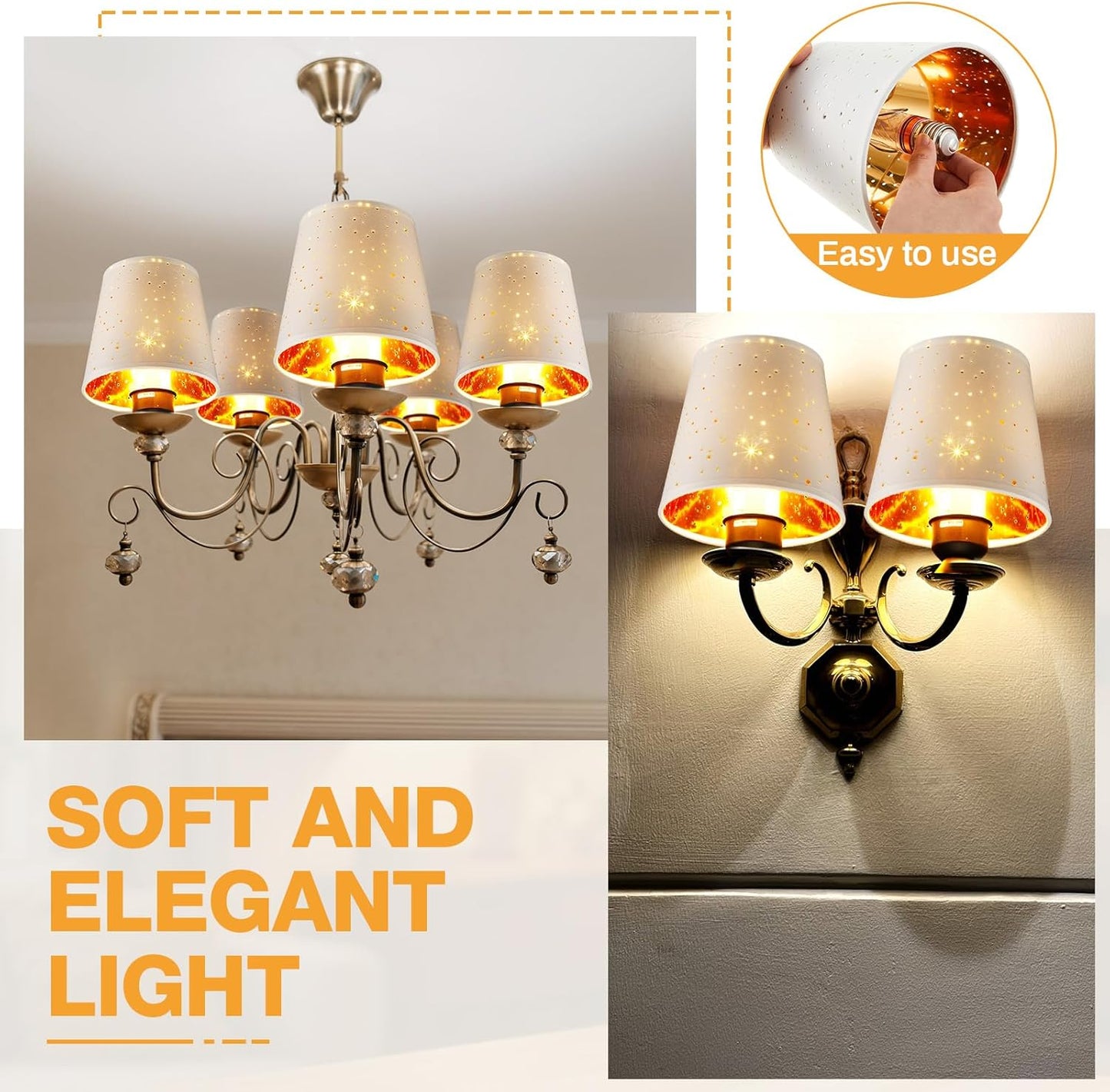 6 Pcs Chandelier Lamp Shades Set Small Shade for Pendant Wall Ceiling Lights Candle Bulbs Clip on Fitter Lampshade (Star,White) -