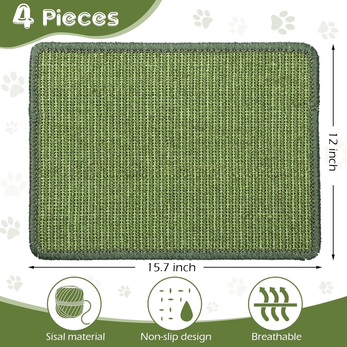 4 Pcs Cat Scratcher Mat Sisal Scratch Mats Horizontal Floor Scratching Pad Rug Fabric for Protecting Carpets Sofas and Grinding Claws Green 11.8" x 15.7" -