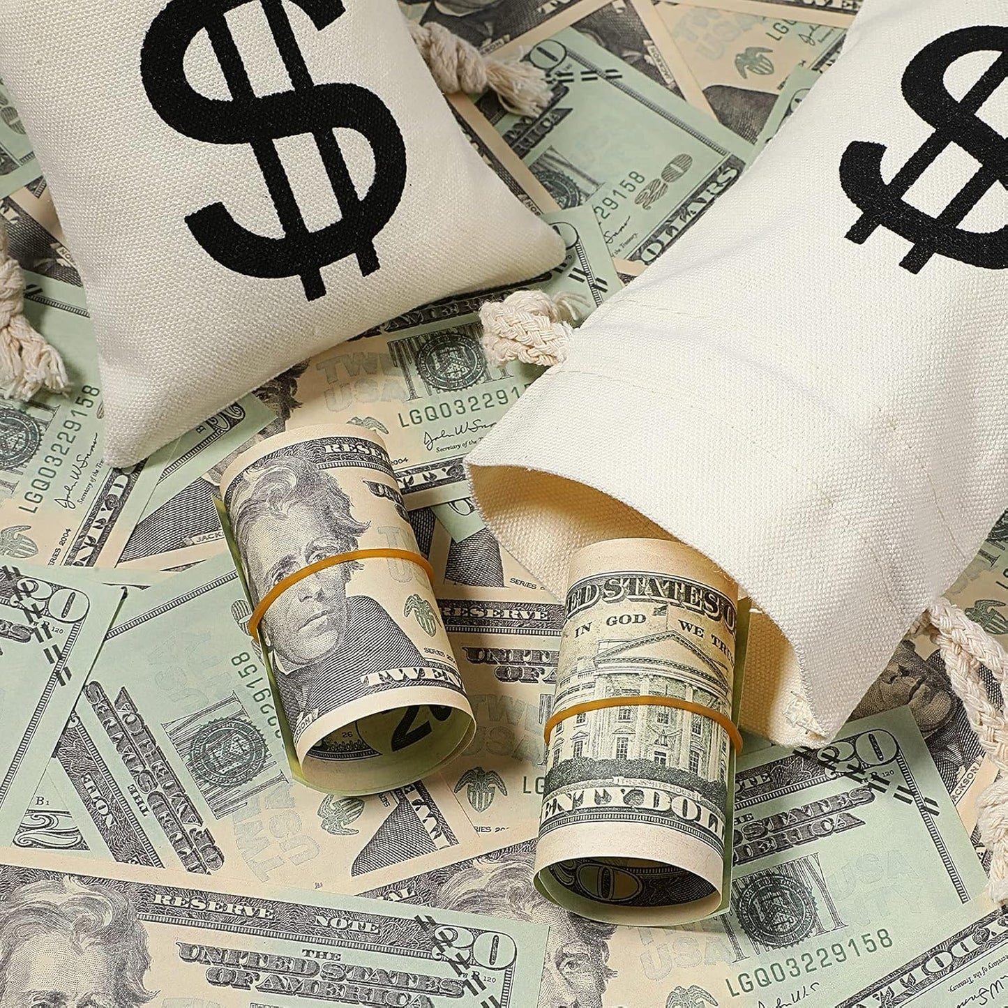 48 Pcs Canvas Money Bags Bulk with Drawstring Dollar Sign Sacks Pouch 4.3 x 7.1 Inch Cash Coin Props for Halloween Bank Robber Pirate Cosplay Party Favors -