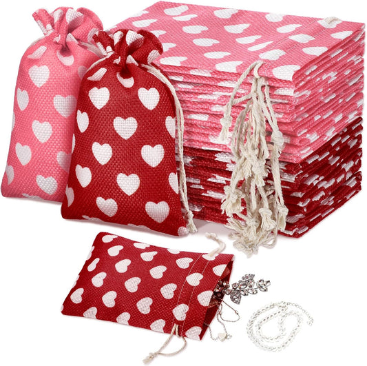 24 Pieces Valentine's Day Burlap Bag with Drawstring Linen Heart Red and Pink for 4 x 6 Inches Party Favor Gift Bags Packing Storage Pouch -