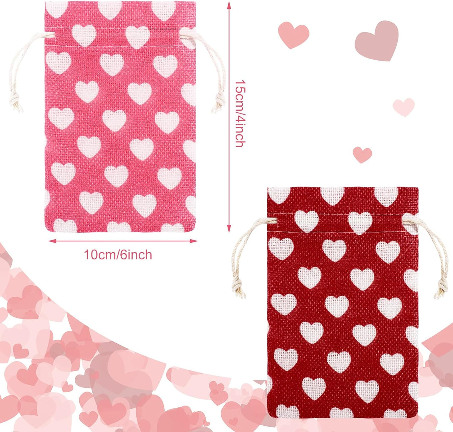 24 Pieces Valentine's Day Burlap Bag with Drawstring Linen Heart Red and Pink for 4 x 6 Inches Party Favor Gift Bags Packing Storage Pouch -
