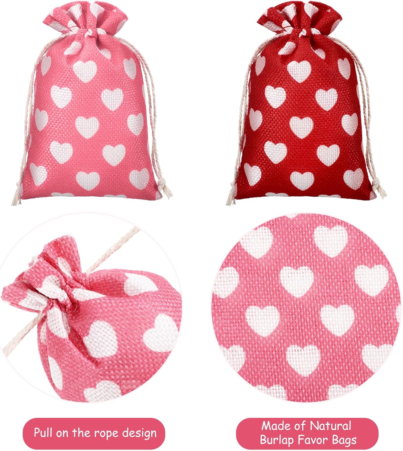 24 Pieces Valentine's Day Burlap Bag with Drawstring Linen Heart Red and Pink for 4 x 6 Inches Party Favor Gift Bags Packing Storage Pouch -