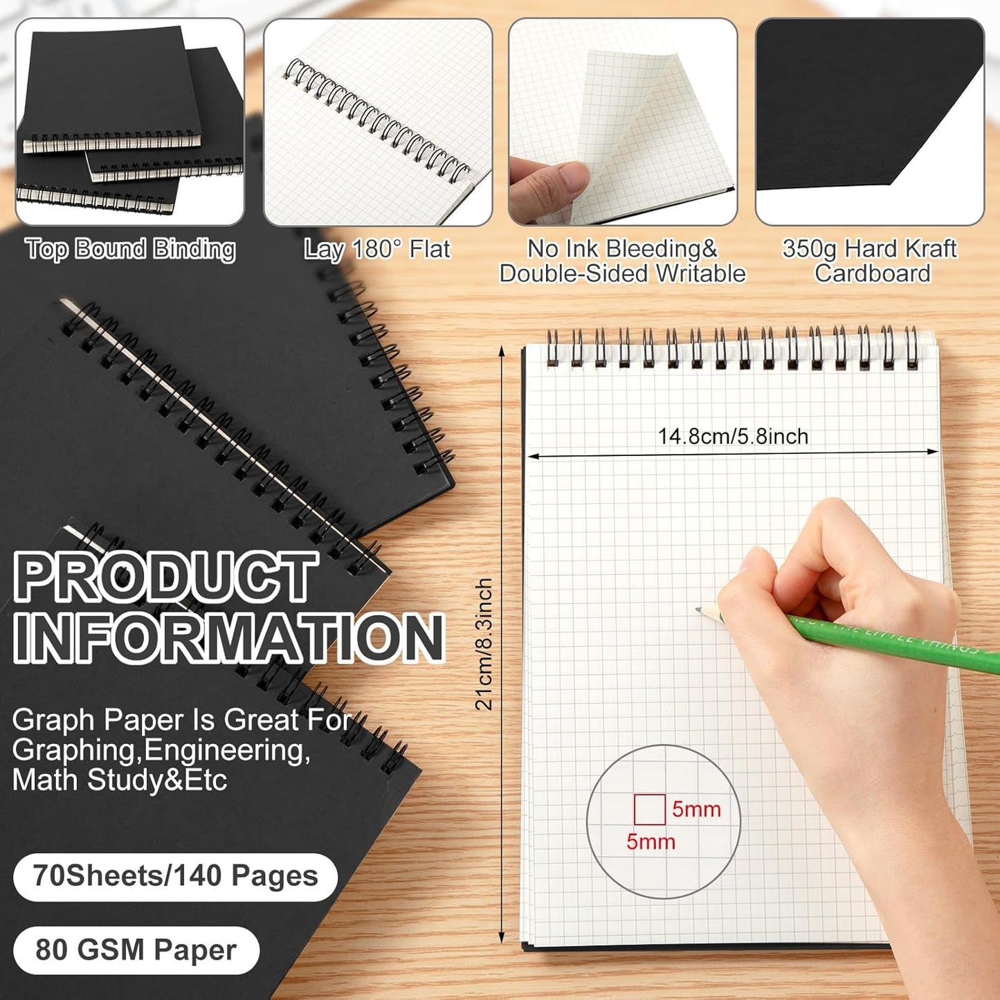 2 Pack Graph Paper Spiral Notepad A5 Top Wirebound Grid Notebook Steno Pads Memo 140 Pages for Writing Sketching Drawing Office Supplies (Black) Black -