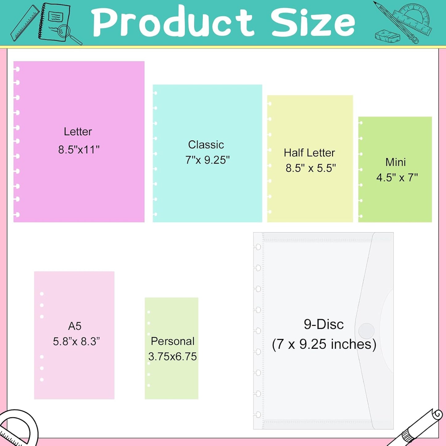 6 Pack 9 Disc Planner Pockets 7 x 9.25 Inches Medium Size Discbound Notebook Dividers Inserts Envelopes Pocket for School Office Home Work Organizer -