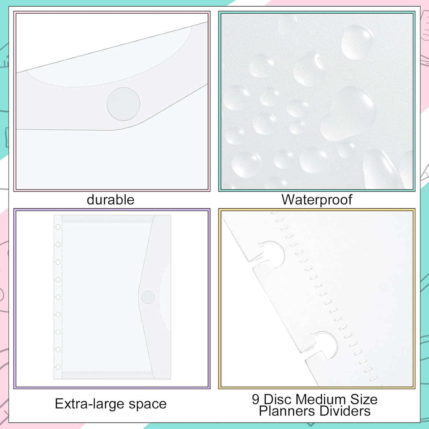 6 Pack 9 Disc Planner Pockets 7 x 9.25 Inches Medium Size Discbound Notebook Dividers Inserts Envelopes Pocket for School Office Home Work Organizer -