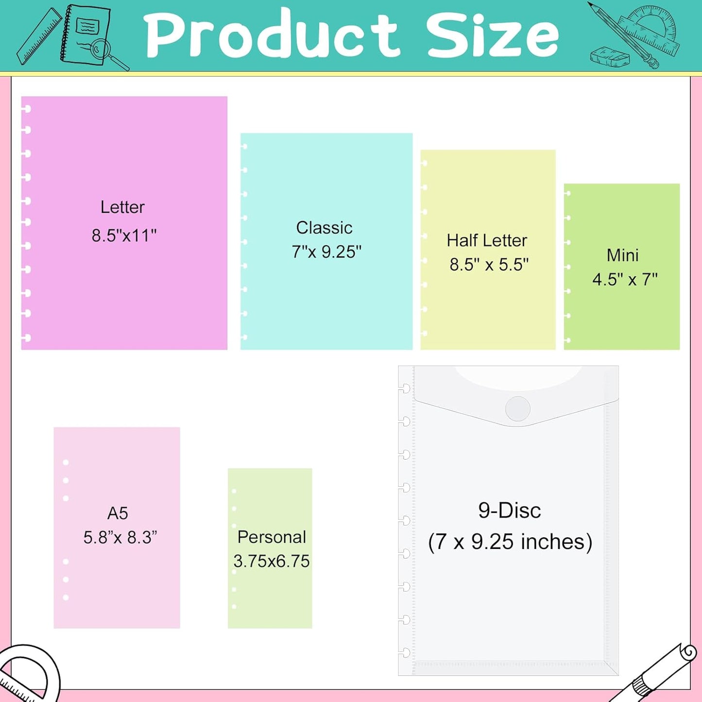 8 Pcs 7 x 9.25 Inches 9 Disc Medium Size discbound Pocket dividers Envelope Binder Planner Accessories Dividers Inserts Discbound Notebook Supplies for Office School Work Organizer -