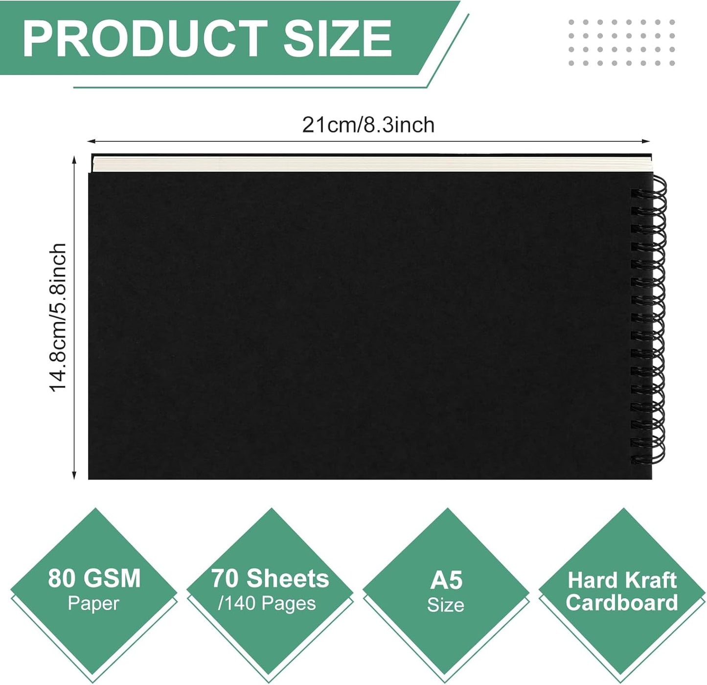 2 Pcs Dot Grid Notebook Top Spiral A5 Size Bullet Dotted Paper Hardcover Journal 8.3''x 5.8'' 140 Pages Notepads for Sketching Drawing Writing School Office (Black) Black -