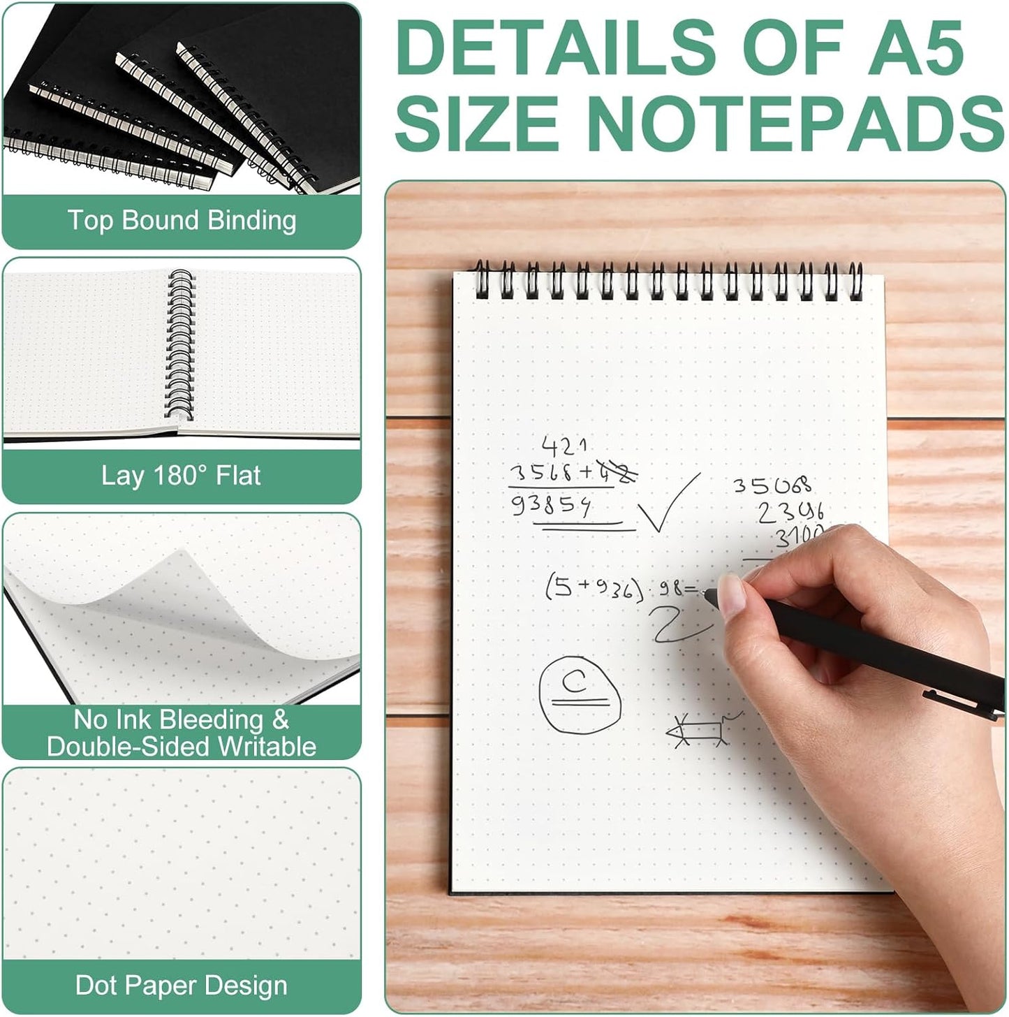 2 Pcs Dot Grid Notebook Top Spiral A5 Size Bullet Dotted Paper Hardcover Journal 8.3''x 5.8'' 140 Pages Notepads for Sketching Drawing Writing School Office (Black) Black -