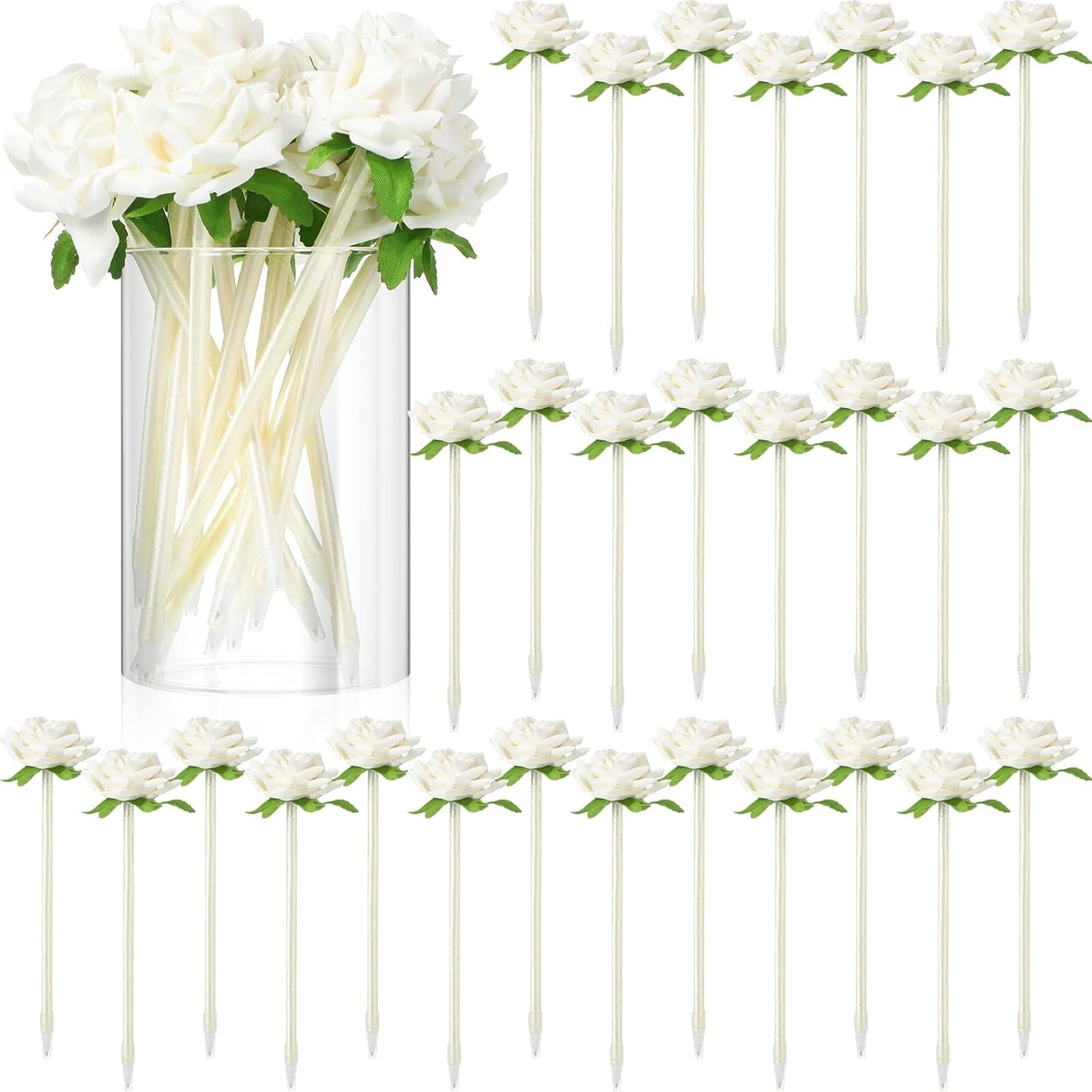 28 Pcs Valentine's Day Flower Rose Pens Valentine Gifts Artificial Floral 0.5mm Black Ink Gel Pen for Valentines Wedding Mother's Home Office Supplies(White) White -