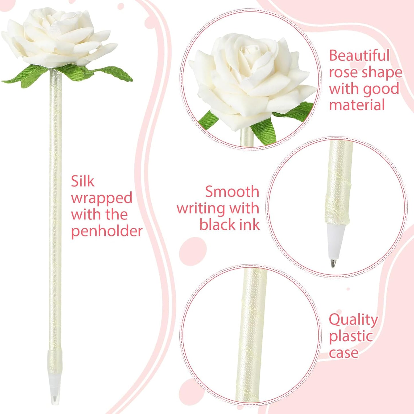 28 Pcs Valentine's Day Flower Rose Pens Valentine Gifts Artificial Floral 0.5mm Black Ink Gel Pen for Valentines Wedding Mother's Home Office Supplies(White) White -