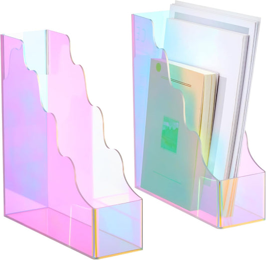 2 Pcs Iridescent Acrylic Magazine File Holders, Water Ripples Vertical Organizer, Colorful Folder Organizers for Desk Office Classroom Home Decor Document Storage Organizer -