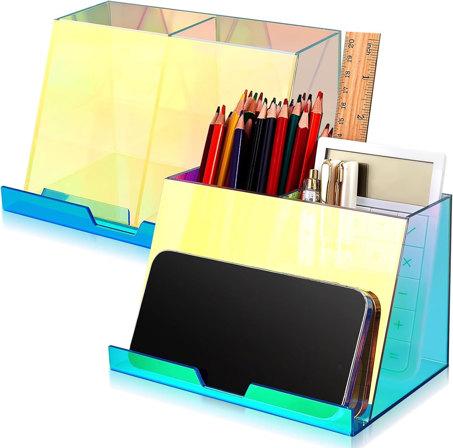 2 Pcs Rainbow Iridescent Acrylic Pen and Phone Holder, Colorful Transparent Pencil Organizer with Compartments Office Supplies Built in Stand for Desk vanity office -