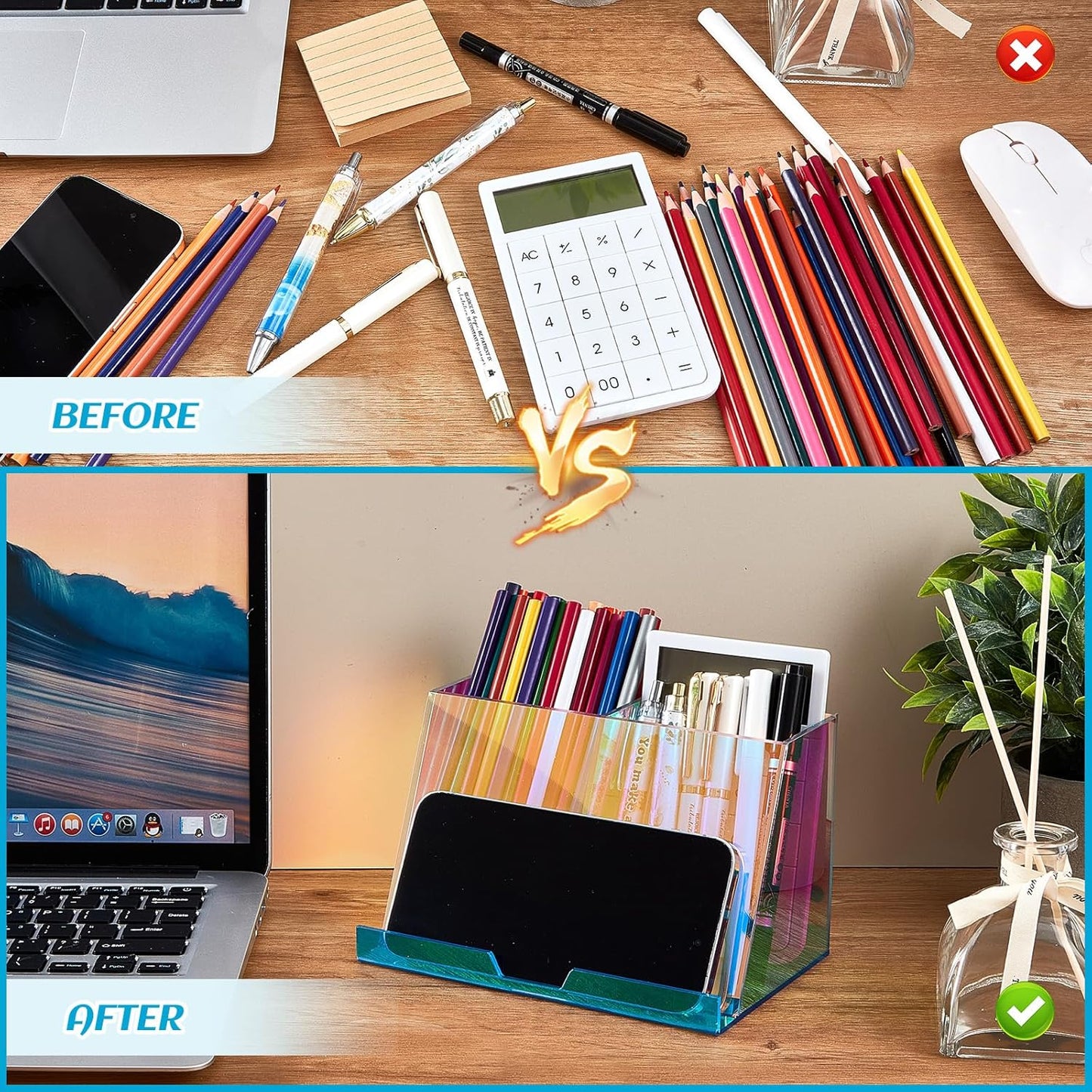 2 Pcs Rainbow Iridescent Acrylic Pen and Phone Holder, Colorful Transparent Pencil Organizer with Compartments Office Supplies Built in Stand for Desk vanity office -