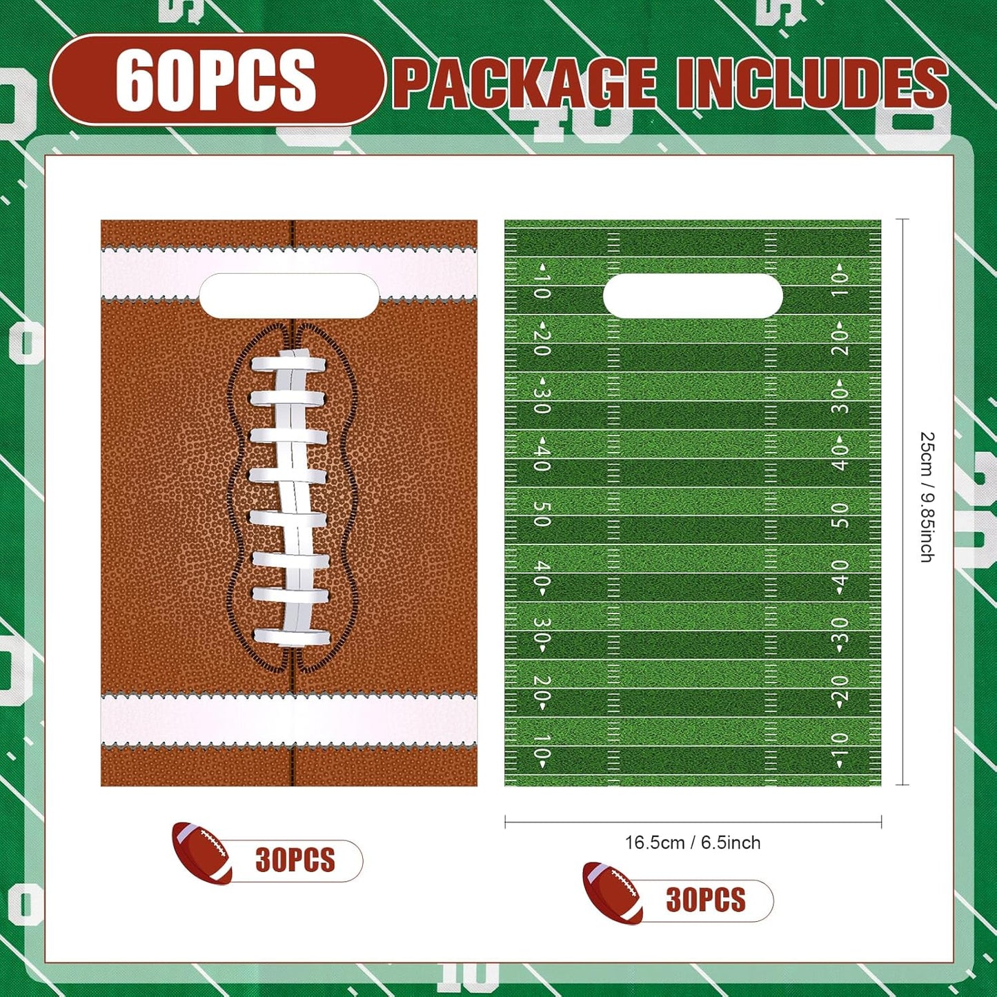 60 Pcs Football Party Favor Bags with Handle, 2 Styles, Plastic Goodie Rugby Sports Theme Treat Candy Gift Decorations for Game Day Events Birthday -