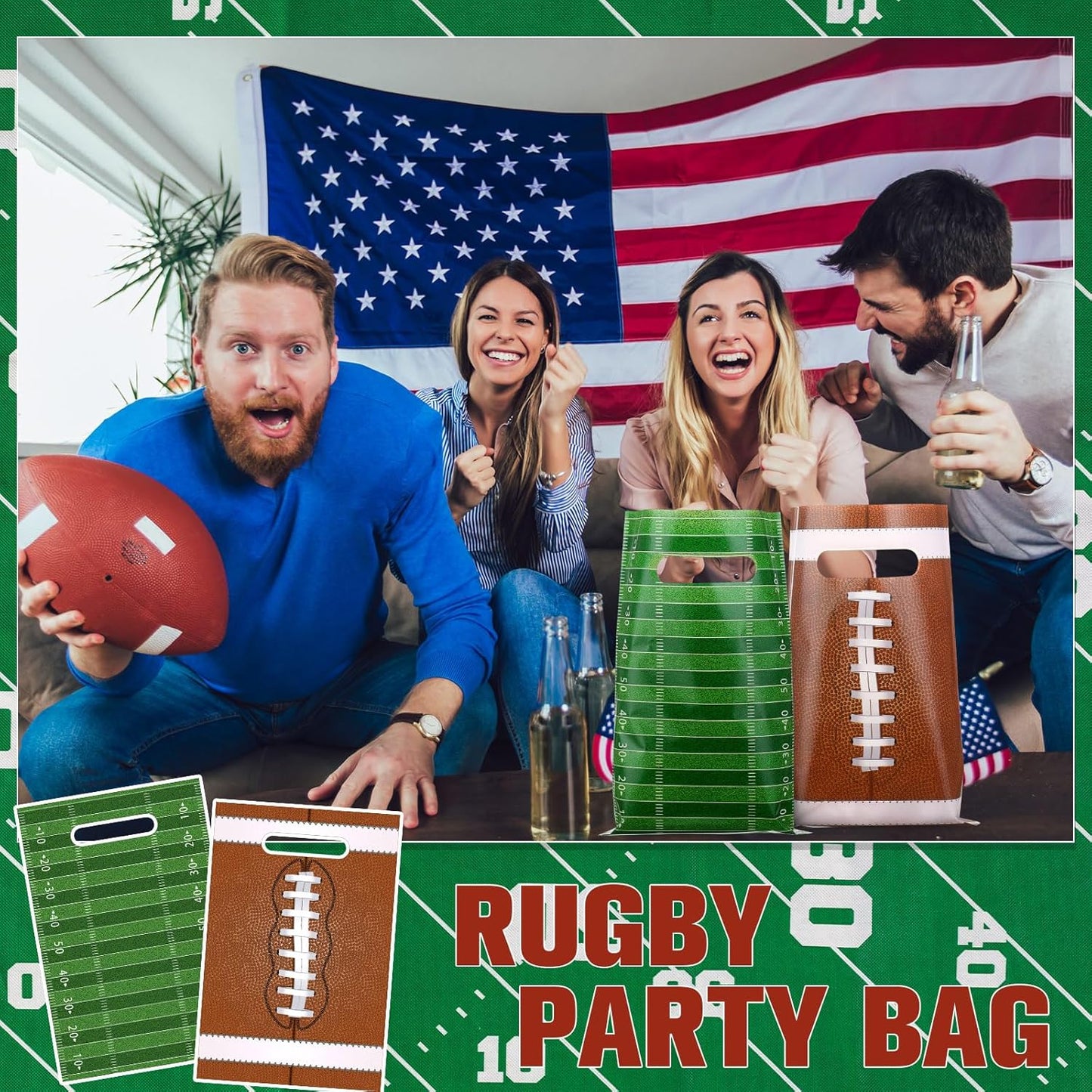 60 Pcs Football Party Favor Bags with Handle, 2 Styles, Plastic Goodie Rugby Sports Theme Treat Candy Gift Decorations for Game Day Events Birthday -
