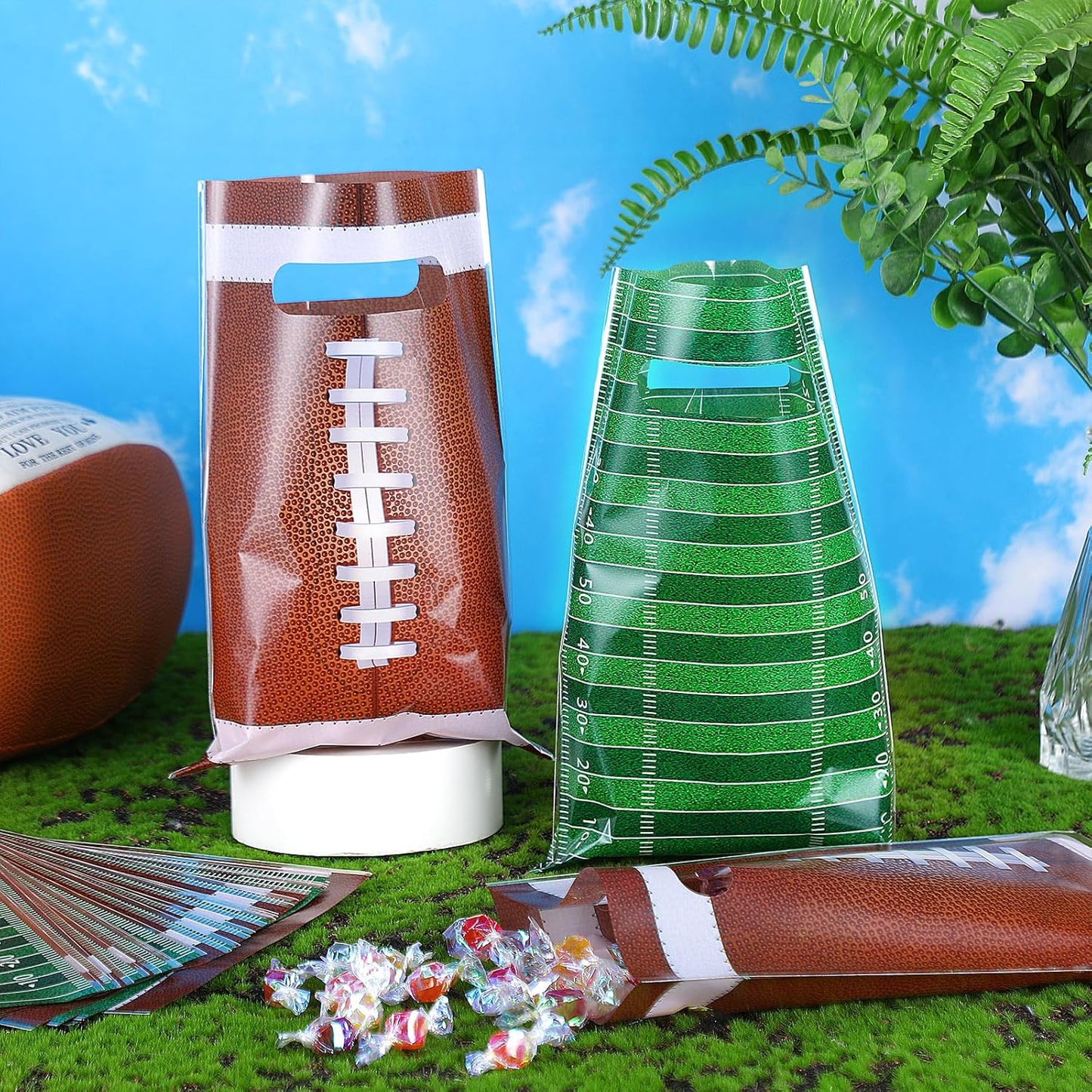 60 Pcs Football Party Favor Bags with Handle, 2 Styles, Plastic Goodie Rugby Sports Theme Treat Candy Gift Decorations for Game Day Events Birthday -
