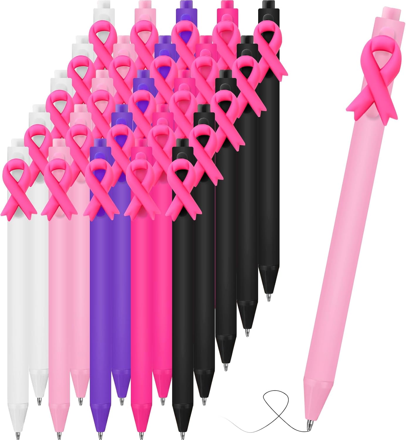 50 Pcs Breast Cancer Awareness Pens Bulk Pink Ribbon Ballpoint Retractable Black Ink Gifts Accessories for Women Nurses Coworker Charity Events Fundraisers Public Decor -
