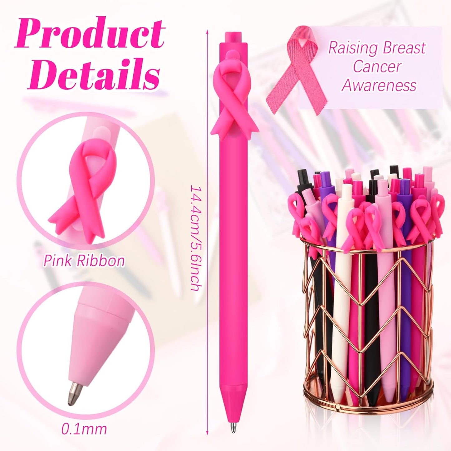 50 Pcs Breast Cancer Awareness Pens Bulk Pink Ribbon Ballpoint Retractable Black Ink Gifts Accessories for Women Nurses Coworker Charity Events Fundraisers Public Decor -
