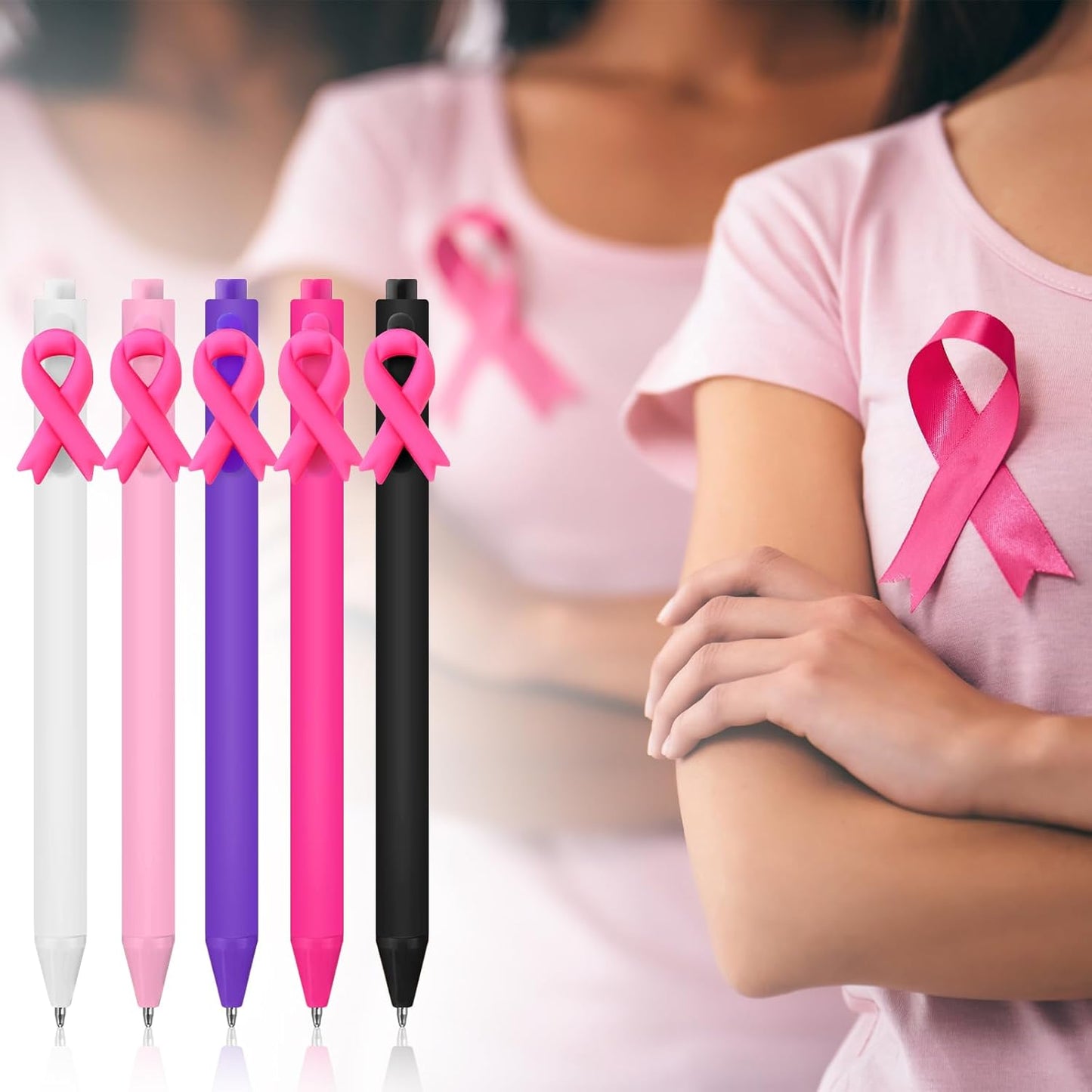 50 Pcs Breast Cancer Awareness Pens Bulk Pink Ribbon Ballpoint Retractable Black Ink Gifts Accessories for Women Nurses Coworker Charity Events Fundraisers Public Decor -