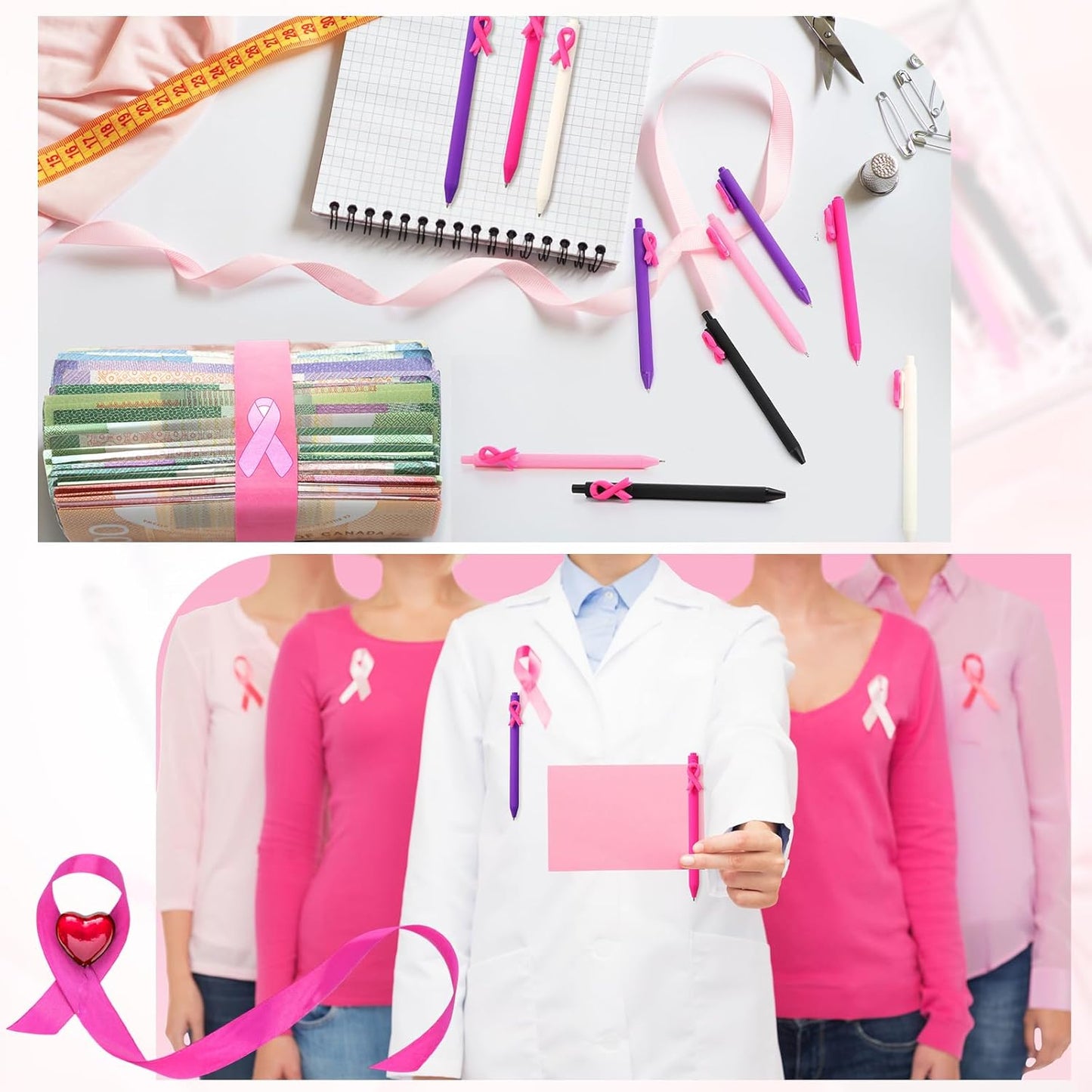 50 Pcs Breast Cancer Awareness Pens Bulk Pink Ribbon Ballpoint Retractable Black Ink Gifts Accessories for Women Nurses Coworker Charity Events Fundraisers Public Decor -
