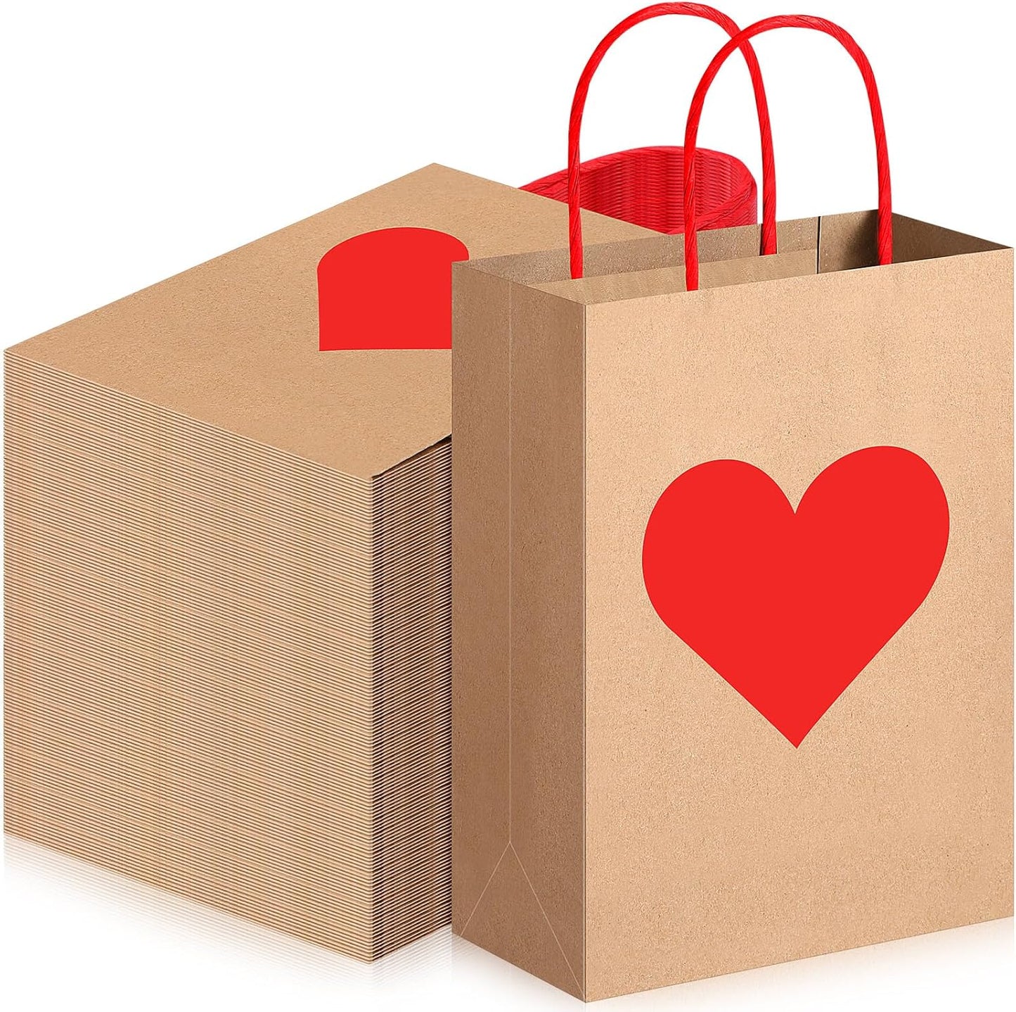 150 Pcs Valentines Day Gift Bags Candy Goodie with Handles Heart Love Paper Wrapping Kraft for Galentines Gifts Packing Party Favors -