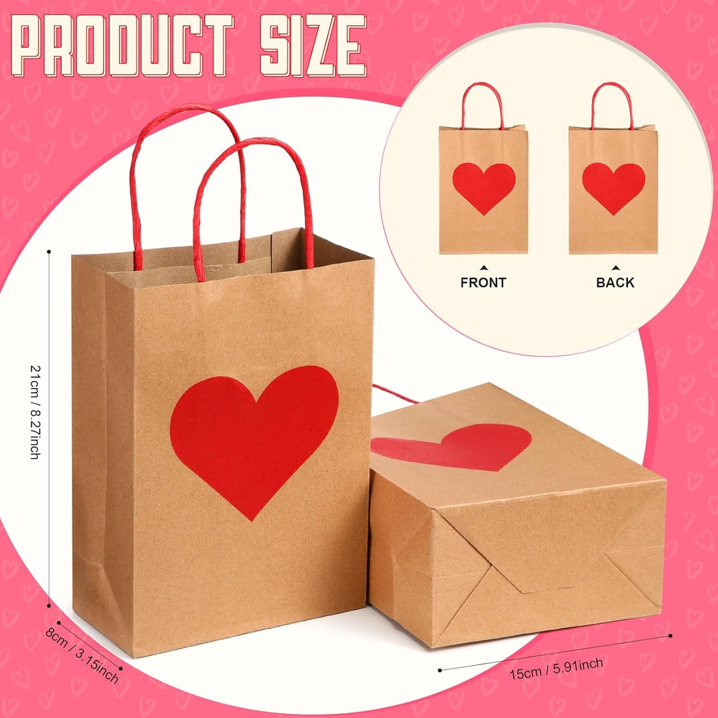 150 Pcs Valentines Day Gift Bags Candy Goodie with Handles Heart Love Paper Wrapping Kraft for Galentines Gifts Packing Party Favors -