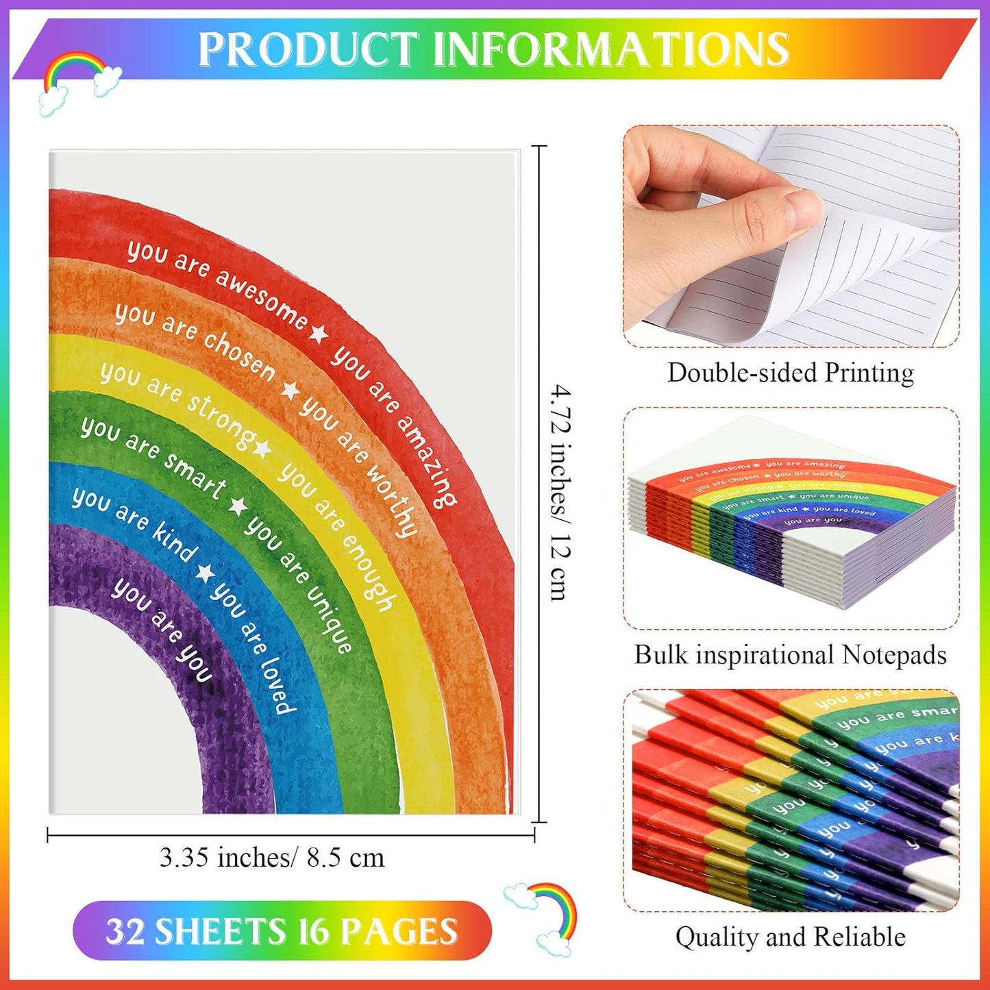 36 Pack Positive Gifts Bulk for Kids Rainbow Inspirational Pens Motivational Notebook with Affirmations Social Worker Child Student Employee Teacher -