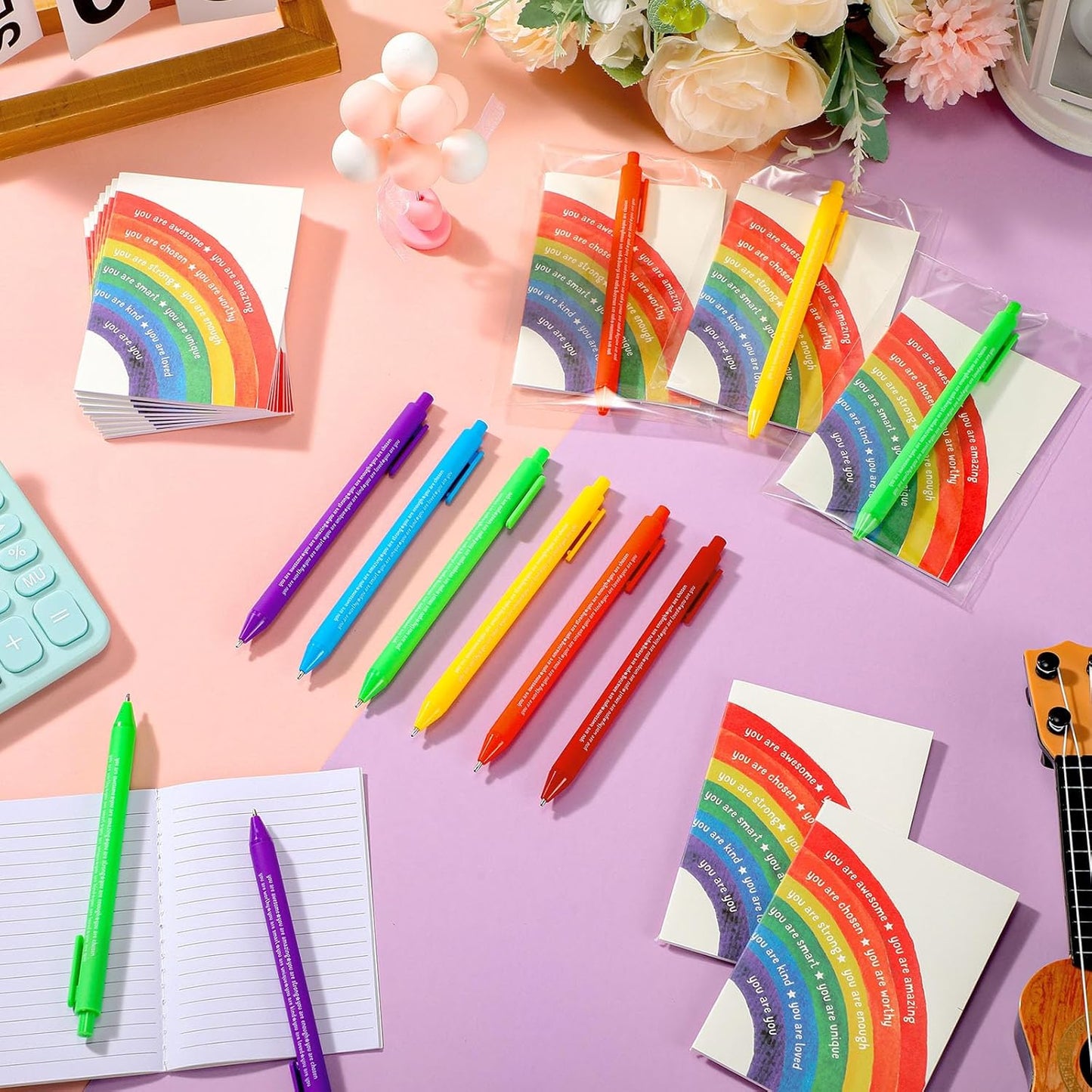 36 Pack Positive Gifts Bulk for Kids Rainbow Inspirational Pens Motivational Notebook with Affirmations Social Worker Child Student Employee Teacher -