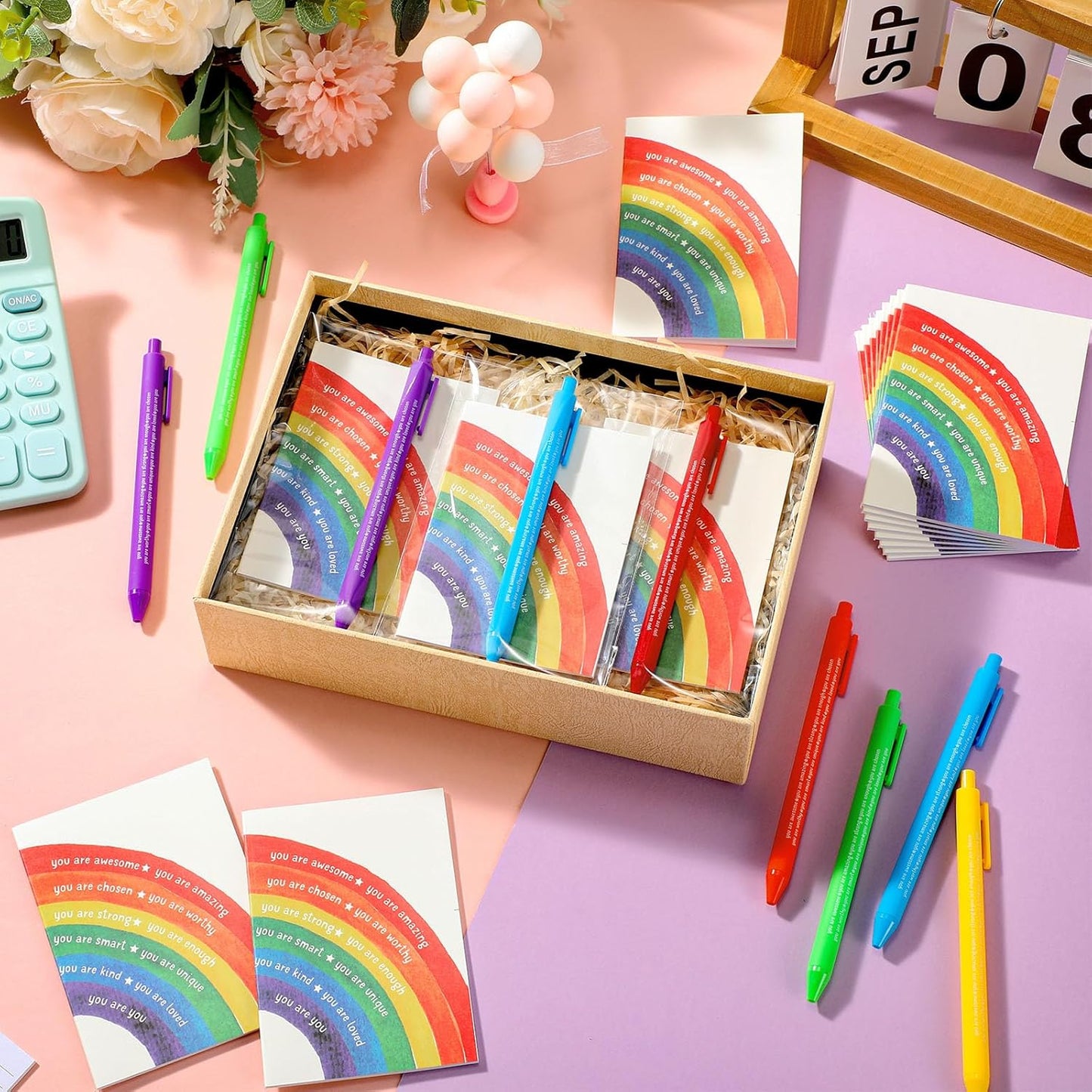 36 Pack Positive Gifts Bulk for Kids Rainbow Inspirational Pens Motivational Notebook with Affirmations Social Worker Child Student Employee Teacher -