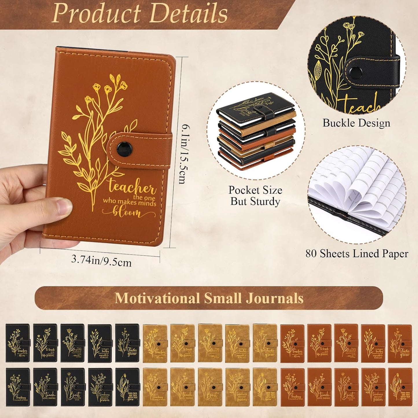Teacher Appreciation Gifts – Inspirational Floral Leather Notebooks and Bamboo Pens with Motivational Quotes Ideal for Week, Back-to-School, Staff Gifts(Basic,60) -