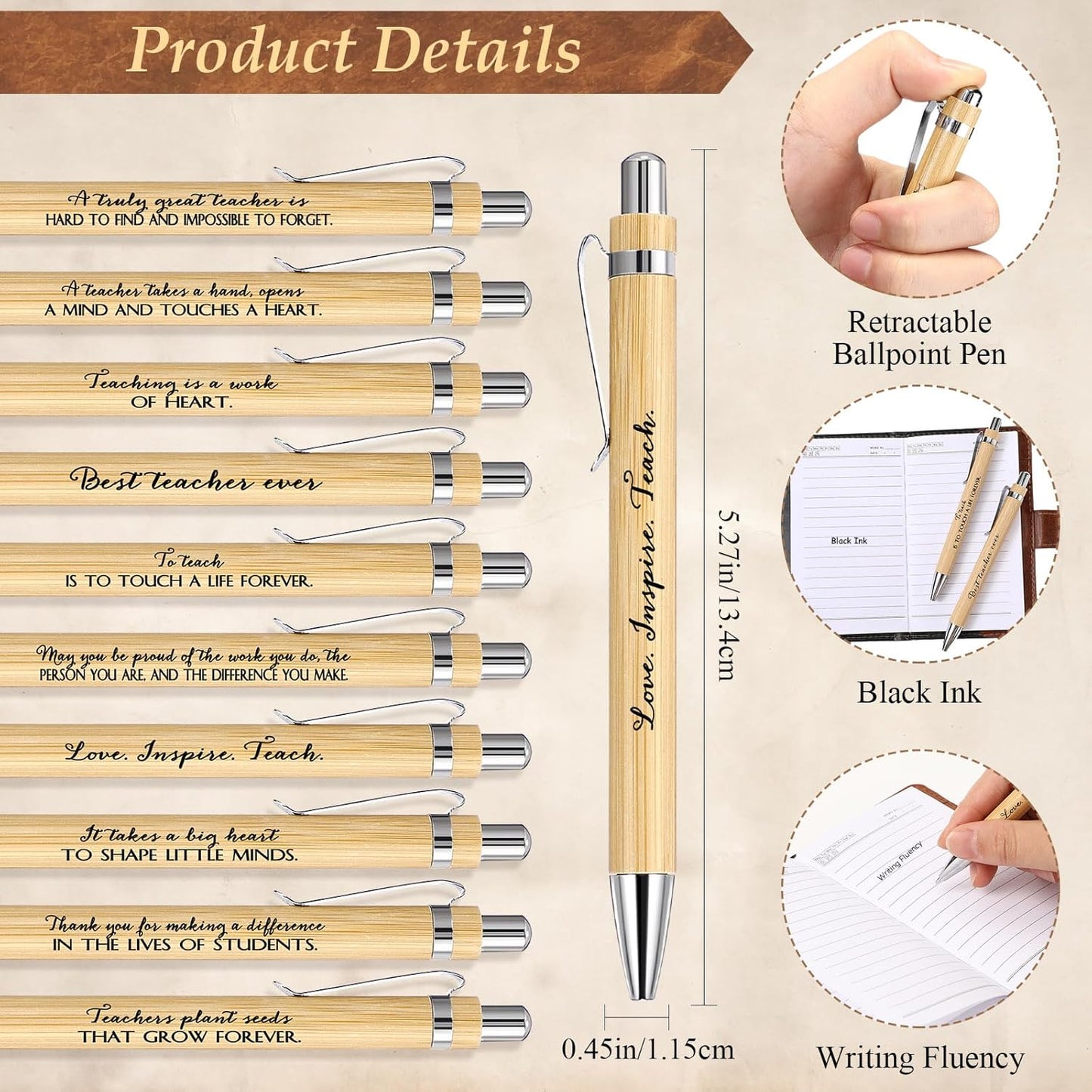 Teacher Appreciation Gifts – Inspirational Floral Leather Notebooks and Bamboo Pens with Motivational Quotes Ideal for Week, Back-to-School, Staff Gifts(Basic,60) -
